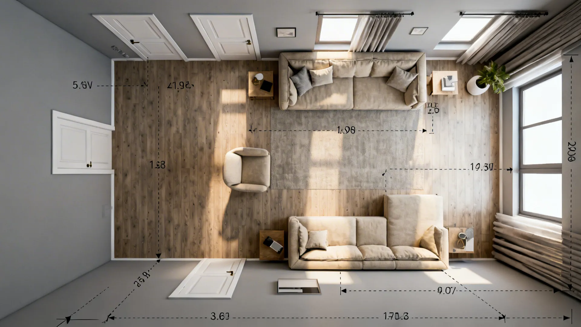 Top view living room layout showing wood floor sofa rug and black measurement lines for scale