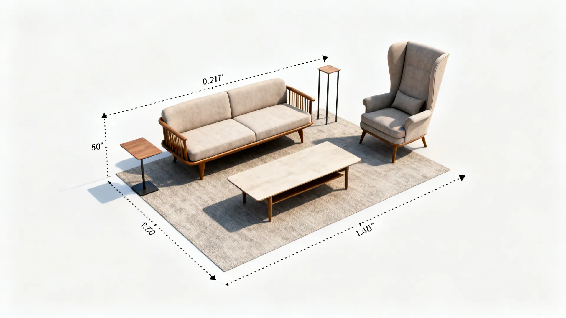 Top-down mockup of seating layout showing scale balance between low sofa and tall armchair with coffee table placement.