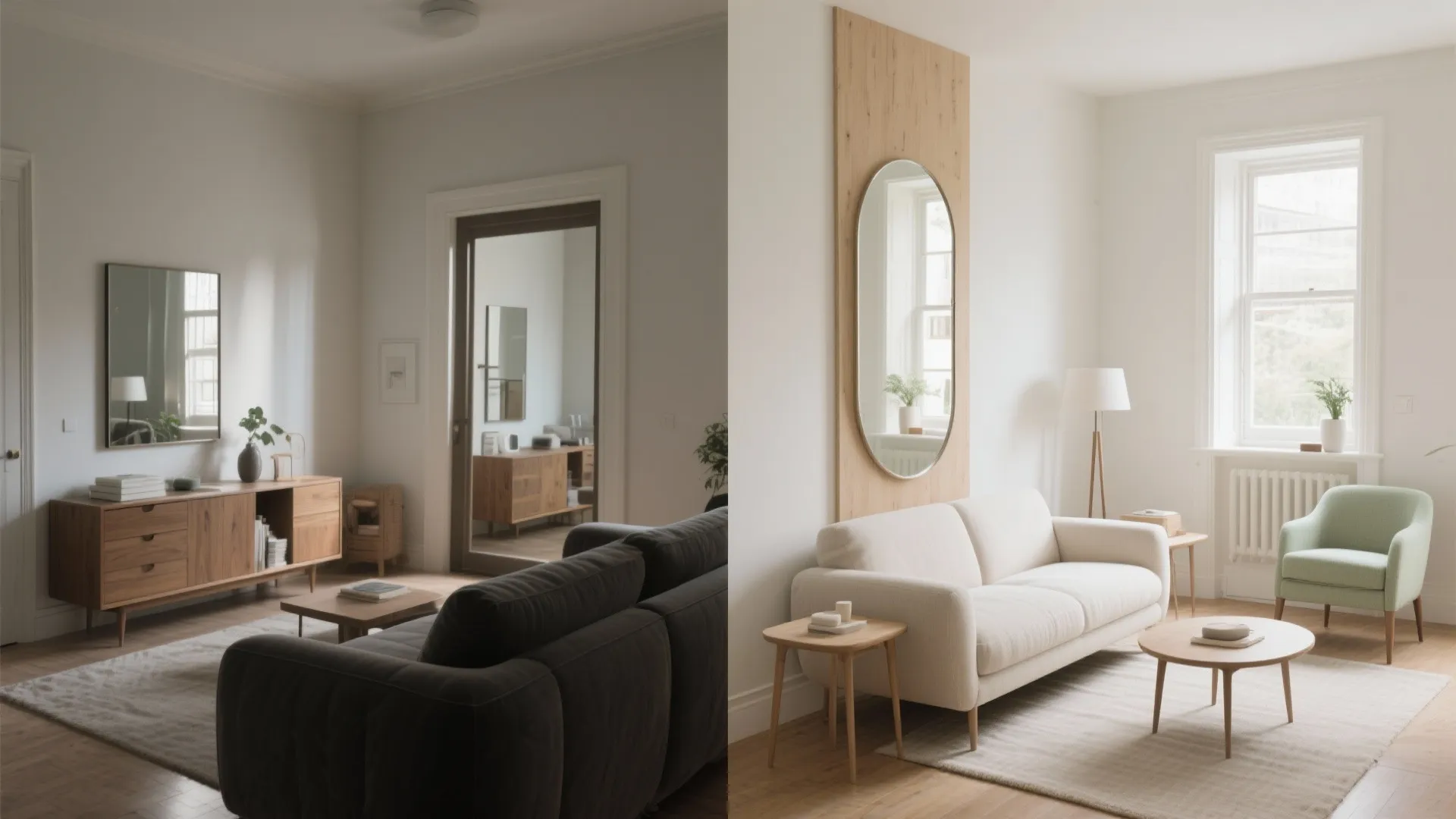 Before-and-after of a tiny room showing how smaller scale, light colors and a mirror double perceived space.