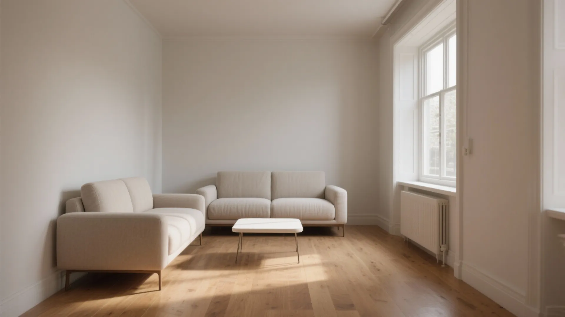 Minimalist living room with beige sofas white walls wooden floor and large window with sunlight