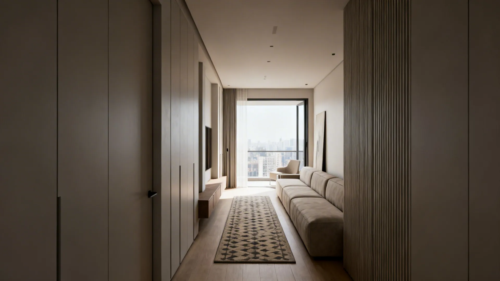 Narrow living room with a 6 x 9 rug placed perpendicular to a long sofa to create a sense of width.