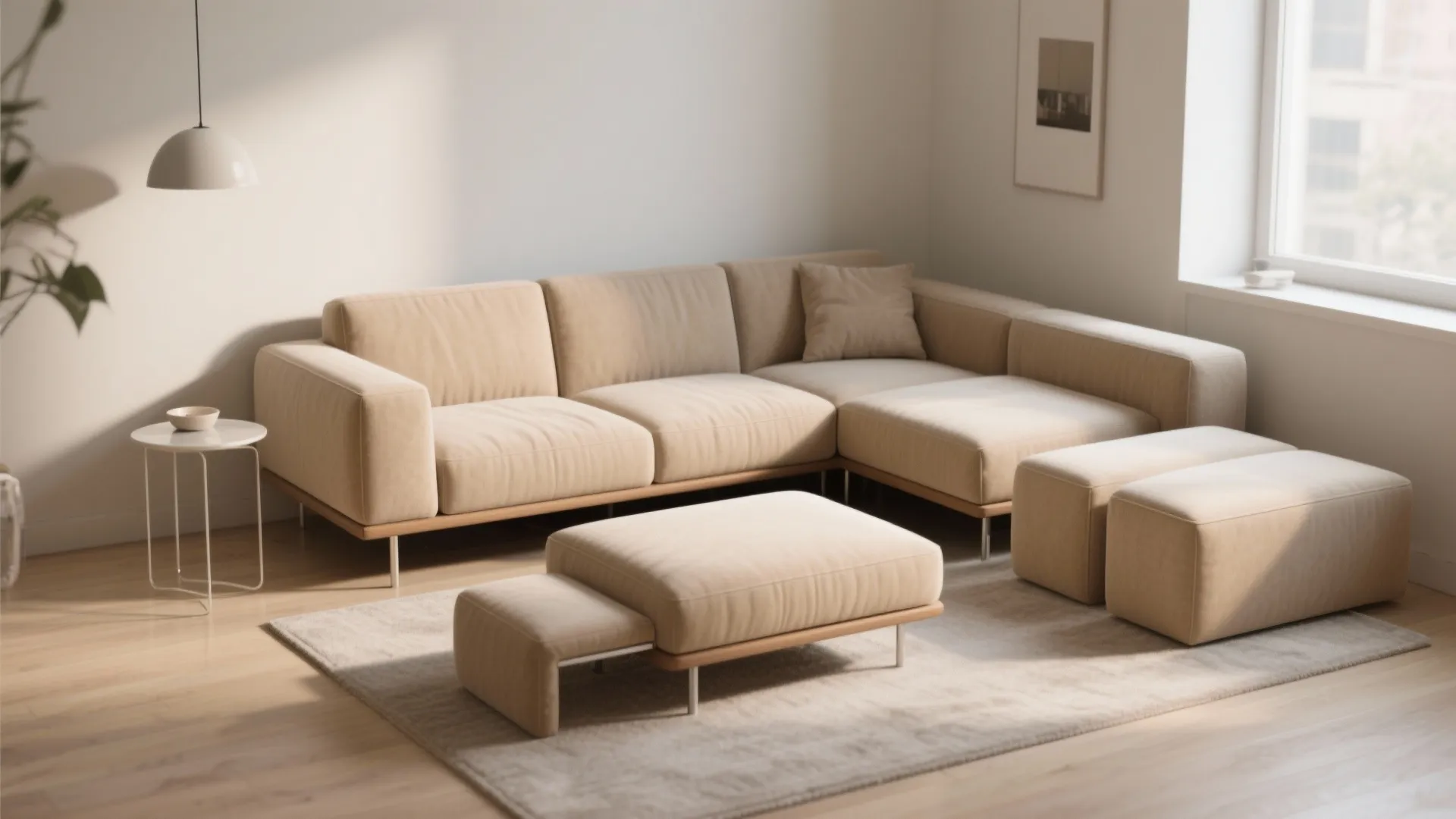 Large beige corner sofa with matching footrest placed on rug in bright living room interior