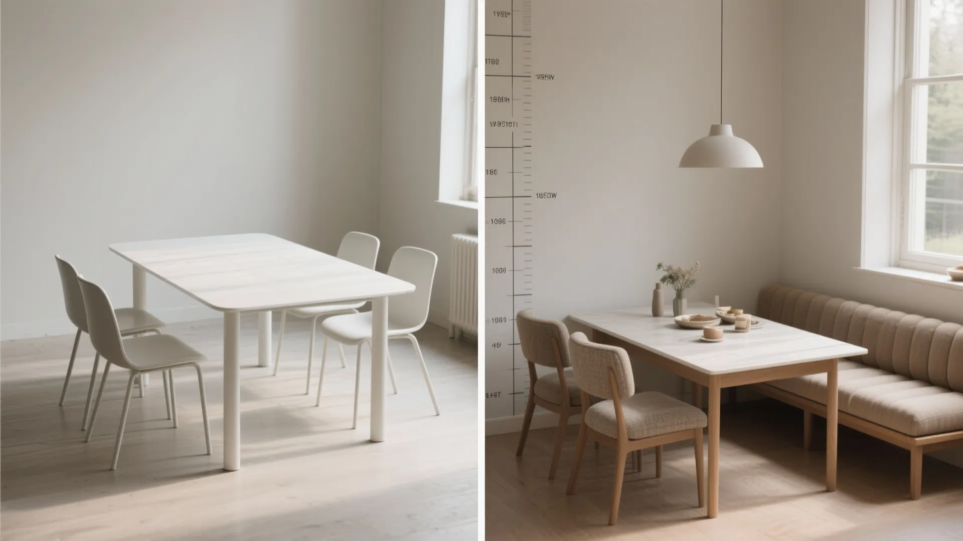 Comparison of a minimalist dining set and a dining area with a sofa and wood furniture