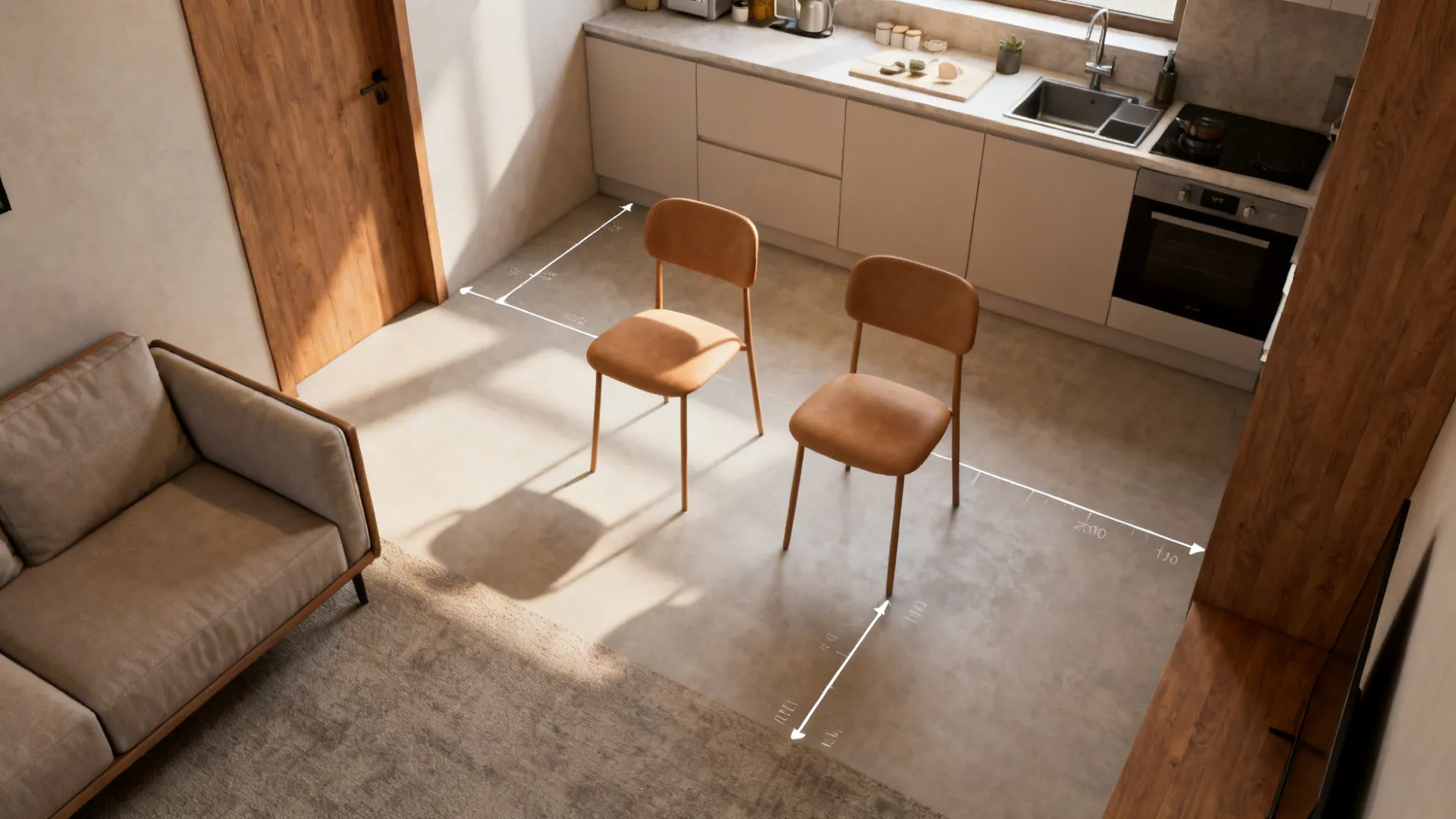 Interior design drawing showing kitchen layout with two orange chairs and white floor measurement lines