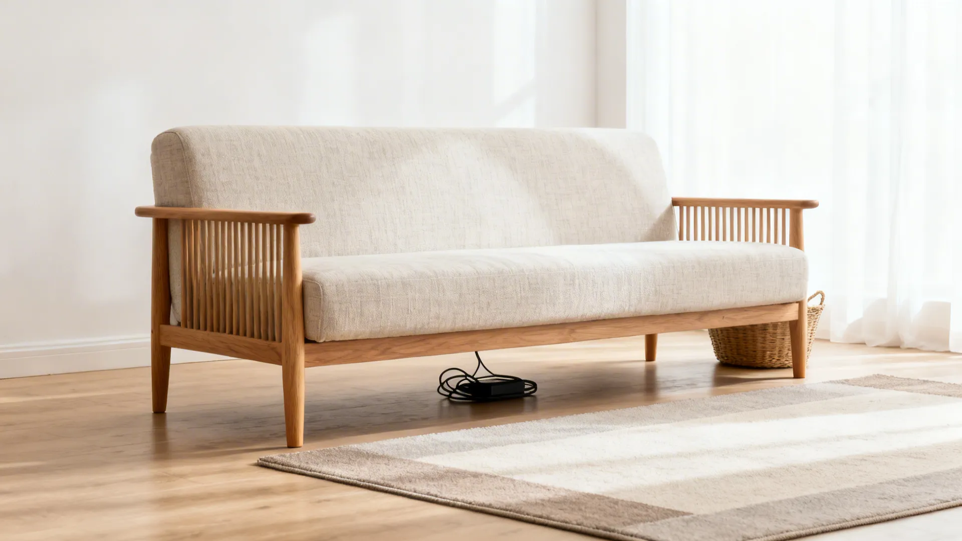 Slim-armed, raised-leg sofa over layered rugs with warm wood accents in a bright small living room.