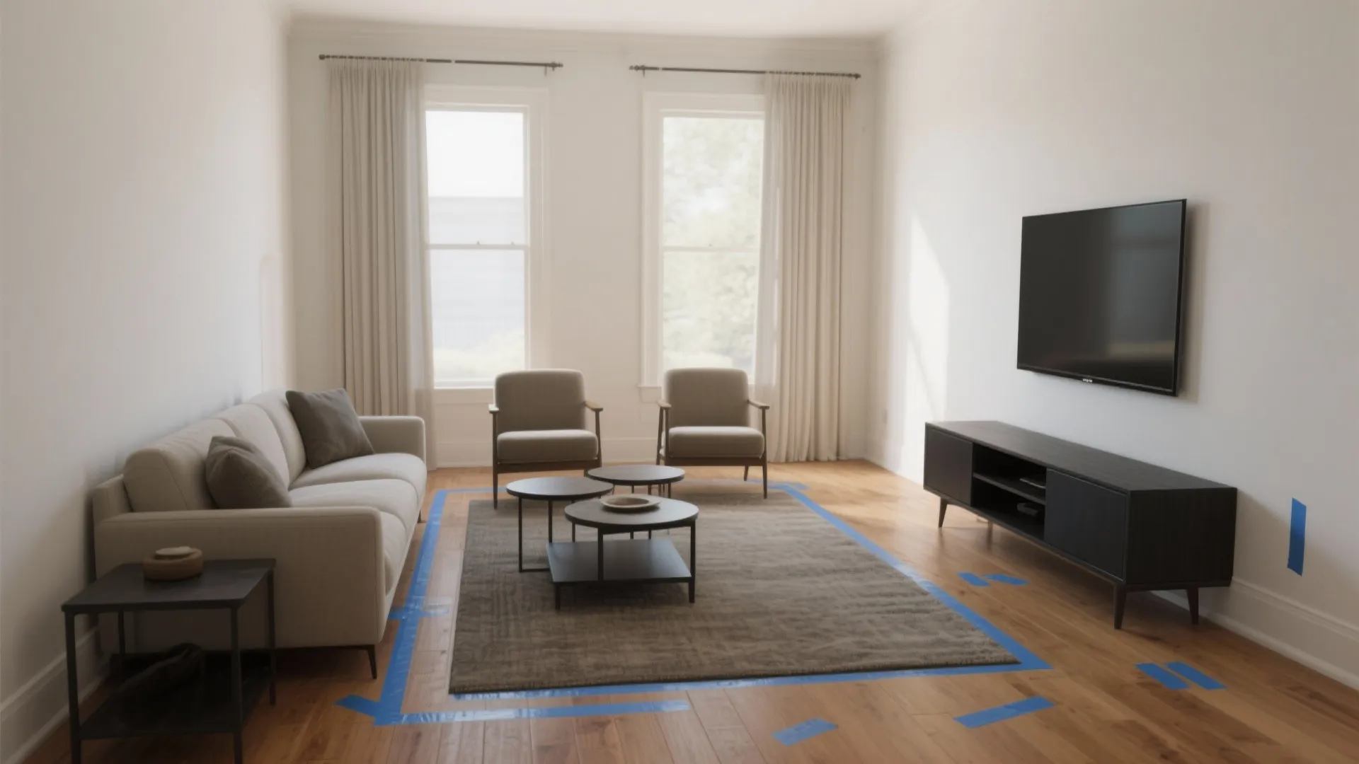 Living room interior design drawing with blue tape marks on floor for furniture placement and scale