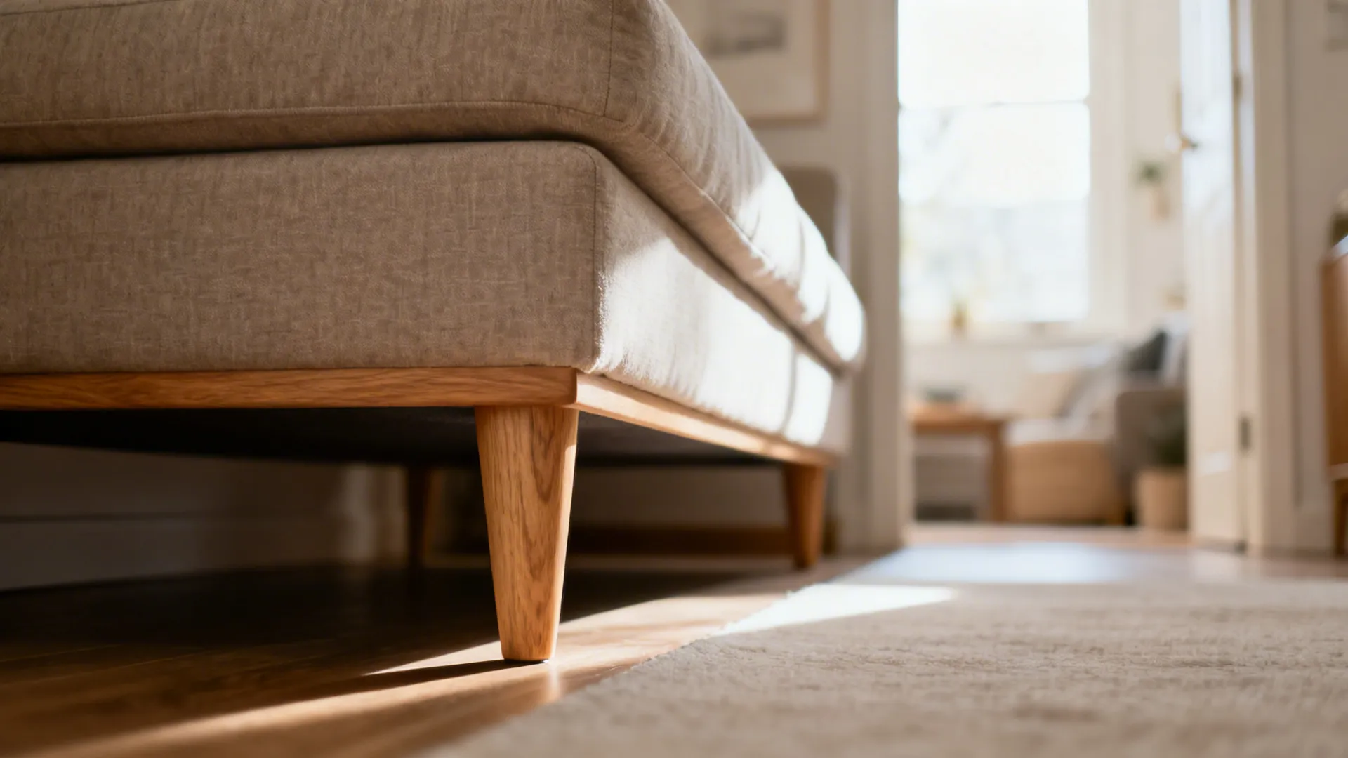 Close-up of a sofa with exposed legs showing scale and a clear walkway in a small living room.