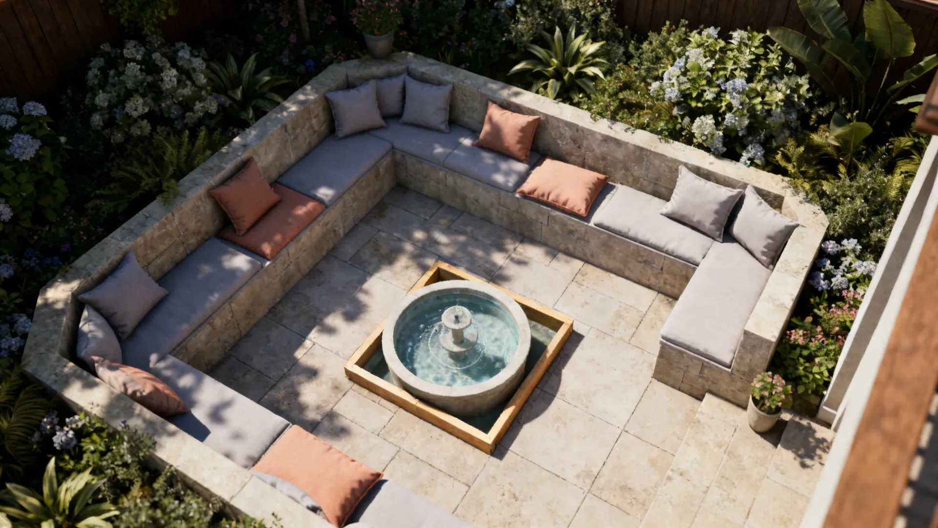 Overhead layout of a small patio showing fountain placement and seating listening points for sound testing.