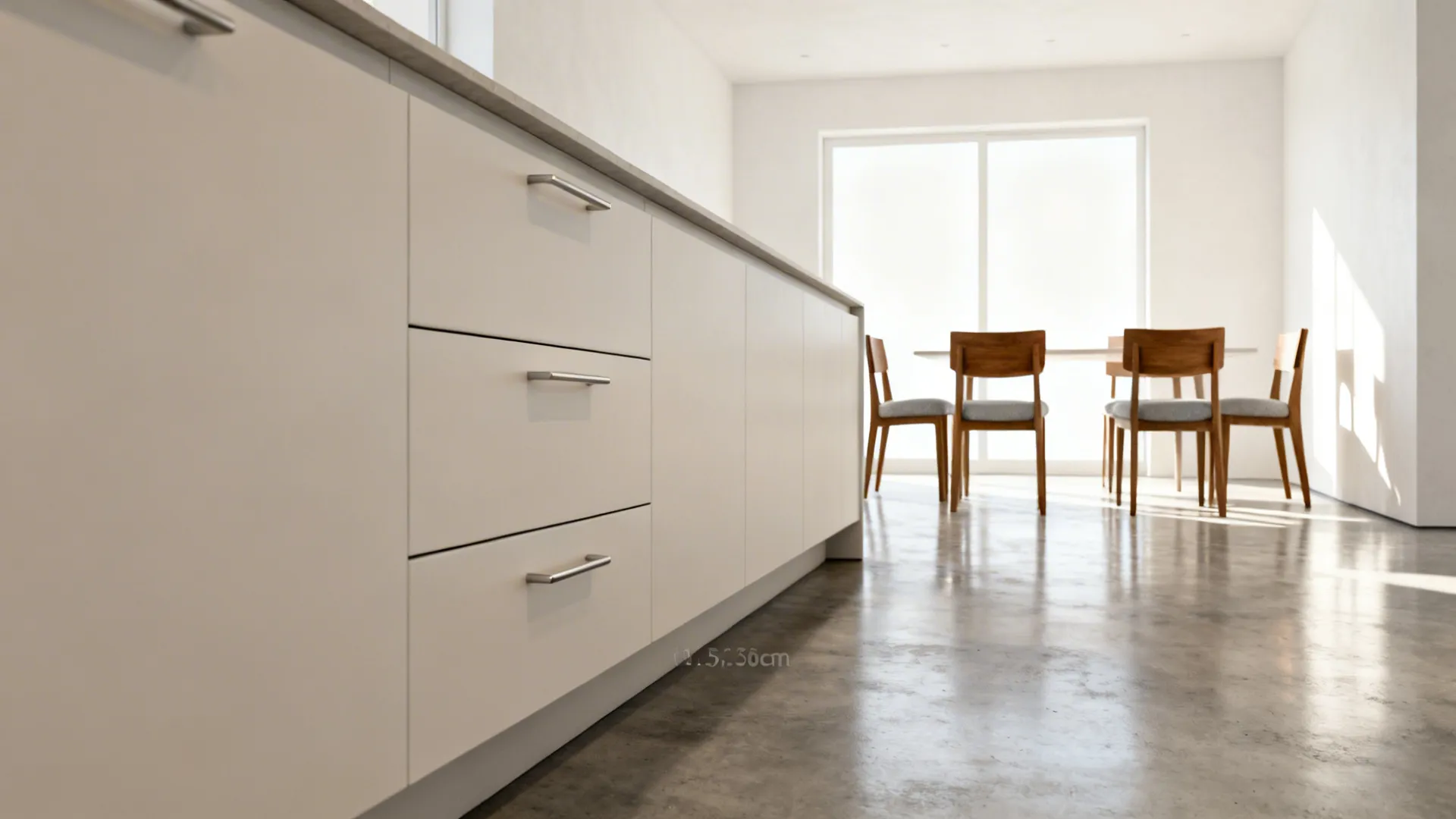 Narrow buffet with hidden storage and clear chair circulation space in a small dining room