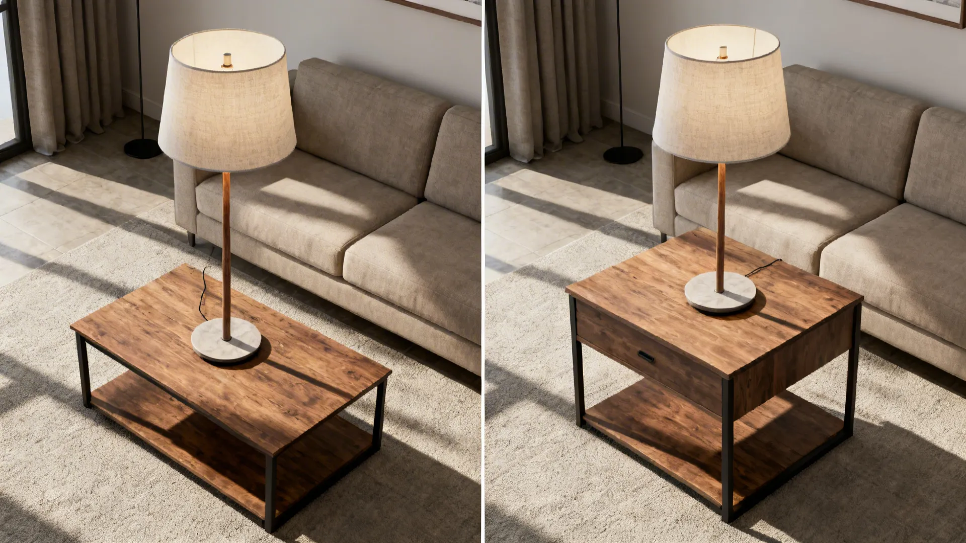 Top-down comparison showing a tall lamp on a low table versus on a taller console to demonstrate proper scale.