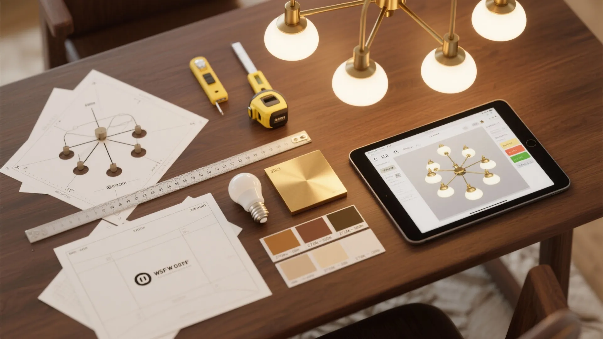 Interior design drawing plans with tablet showing ceiling light model on a wooden work desk
