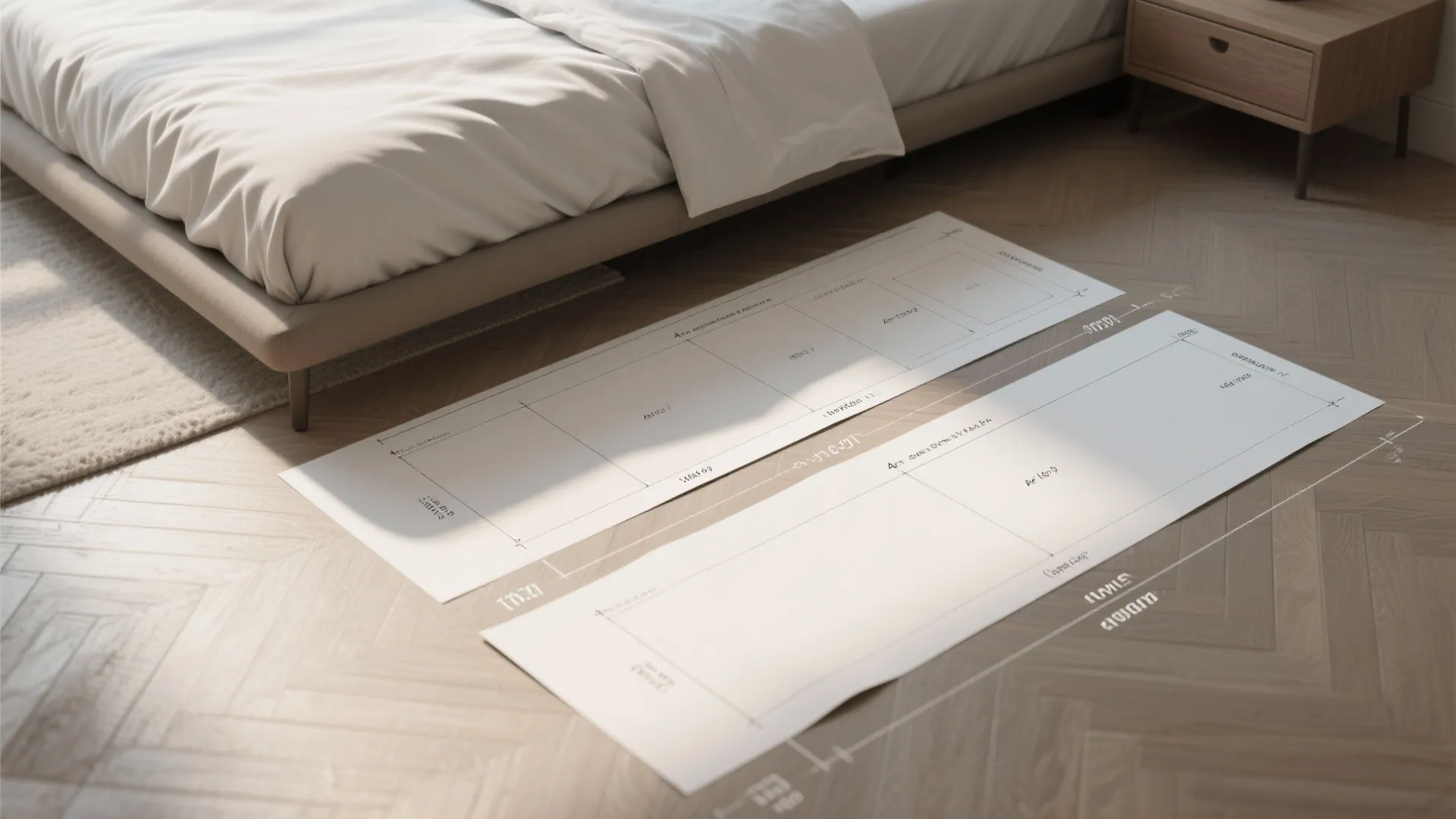 Top-down view of paper templates on a bed used to mock up artwork sizes and spacing.