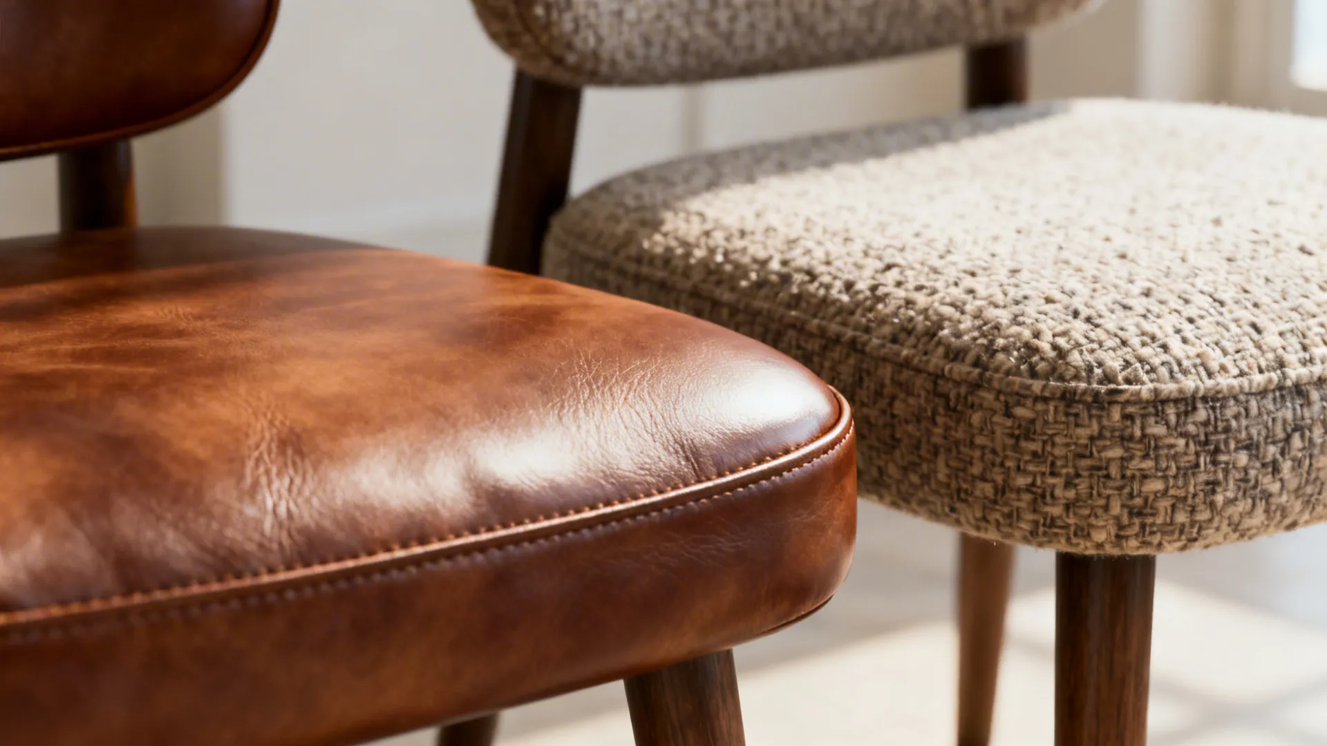 Close up of a brown leather chair and a grey fabric chair with wooden legs