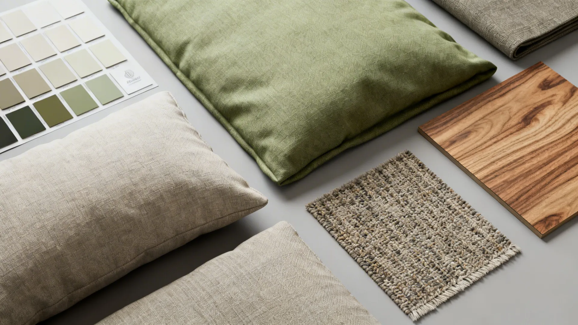 Flatlay of neutral and muted green fabric swatches, wood sample and rug texture for small spaces