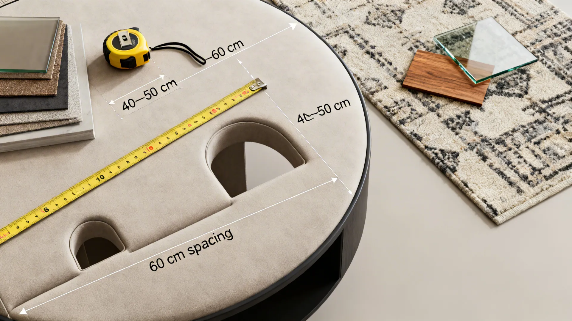 Flatlay of measuring tools, rug swatches, and material samples illustrating spacing and scale for round coffee tables.