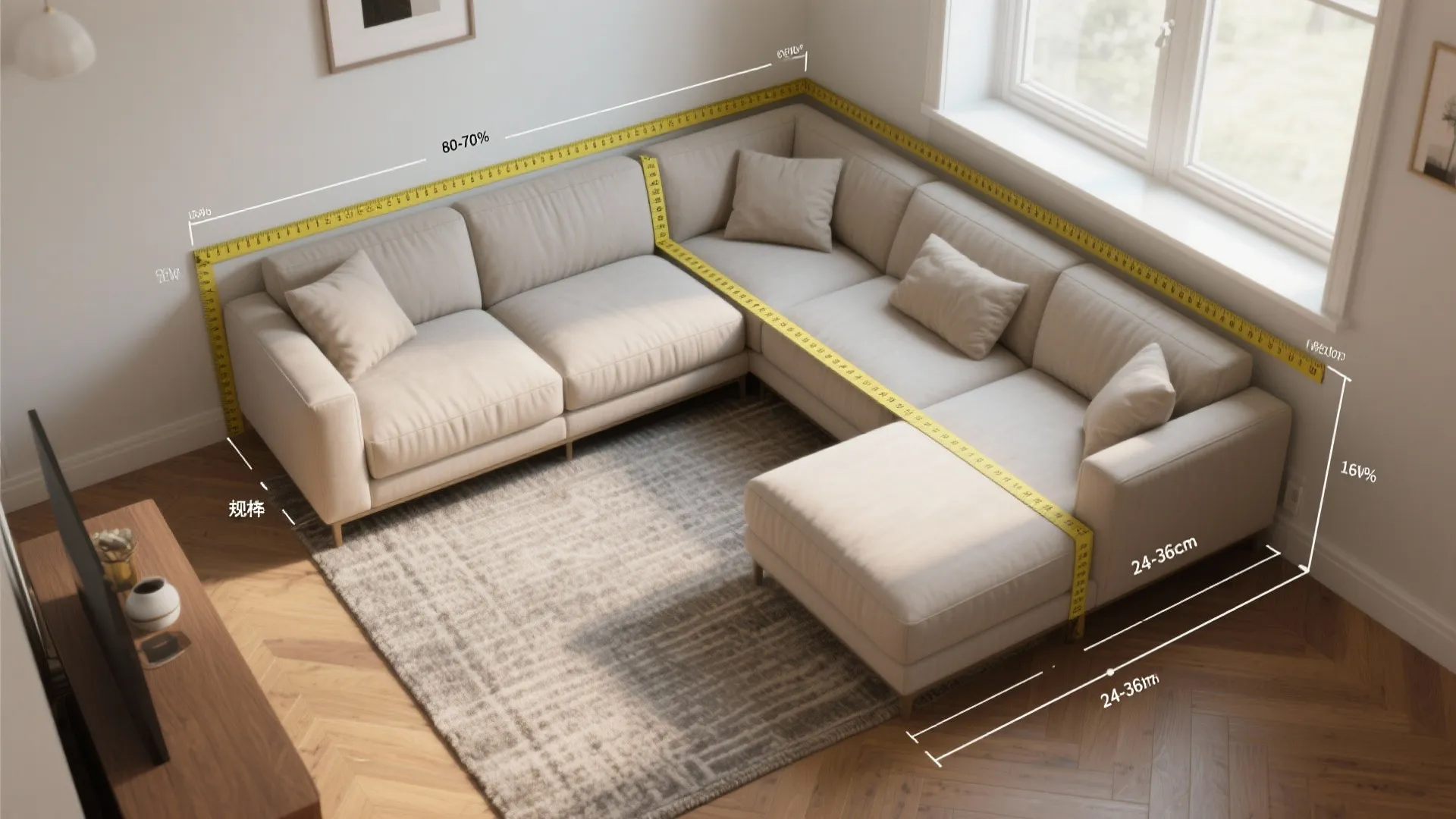 Top down interior design drawing of cream sofa with yellow measuring tape showing the room layout
