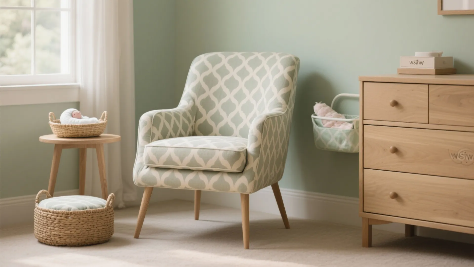 Patterned armchair in a light green nursery next to a wooden cabinet with small baskets