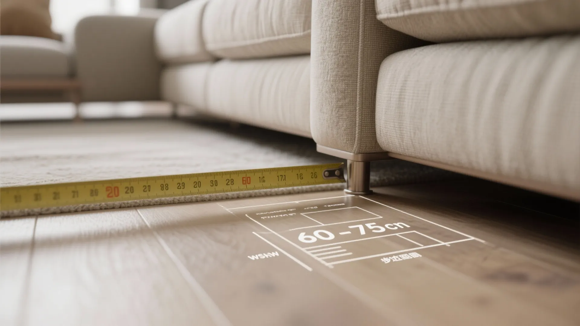 Close up showing measuring tape on wood floor next to sofa for planning room walkway