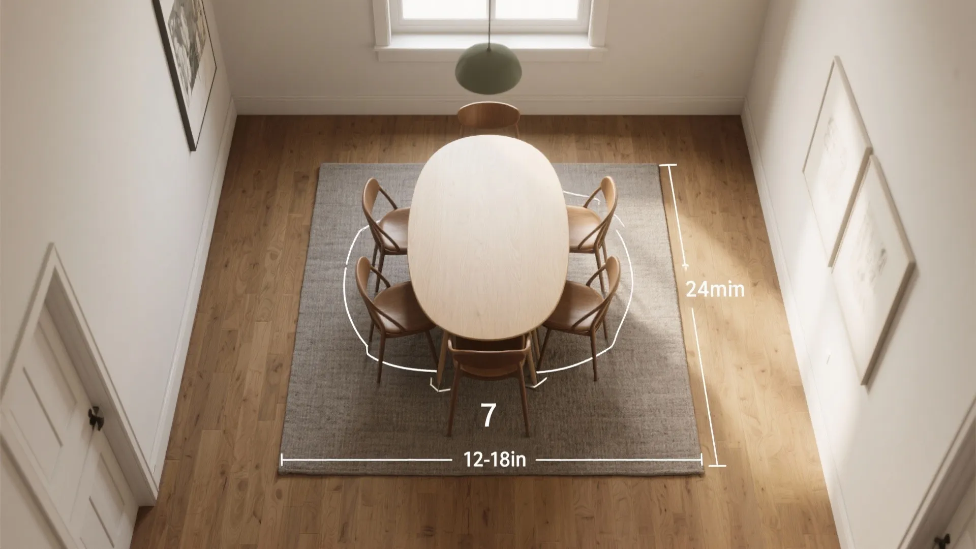 Top view diagram showing dining table dimensions and space measurements for a proper room layout