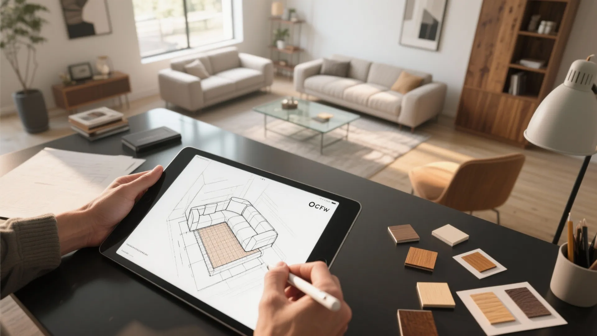 Person using a tablet and pen to create an interior design drawing of a sofa layout