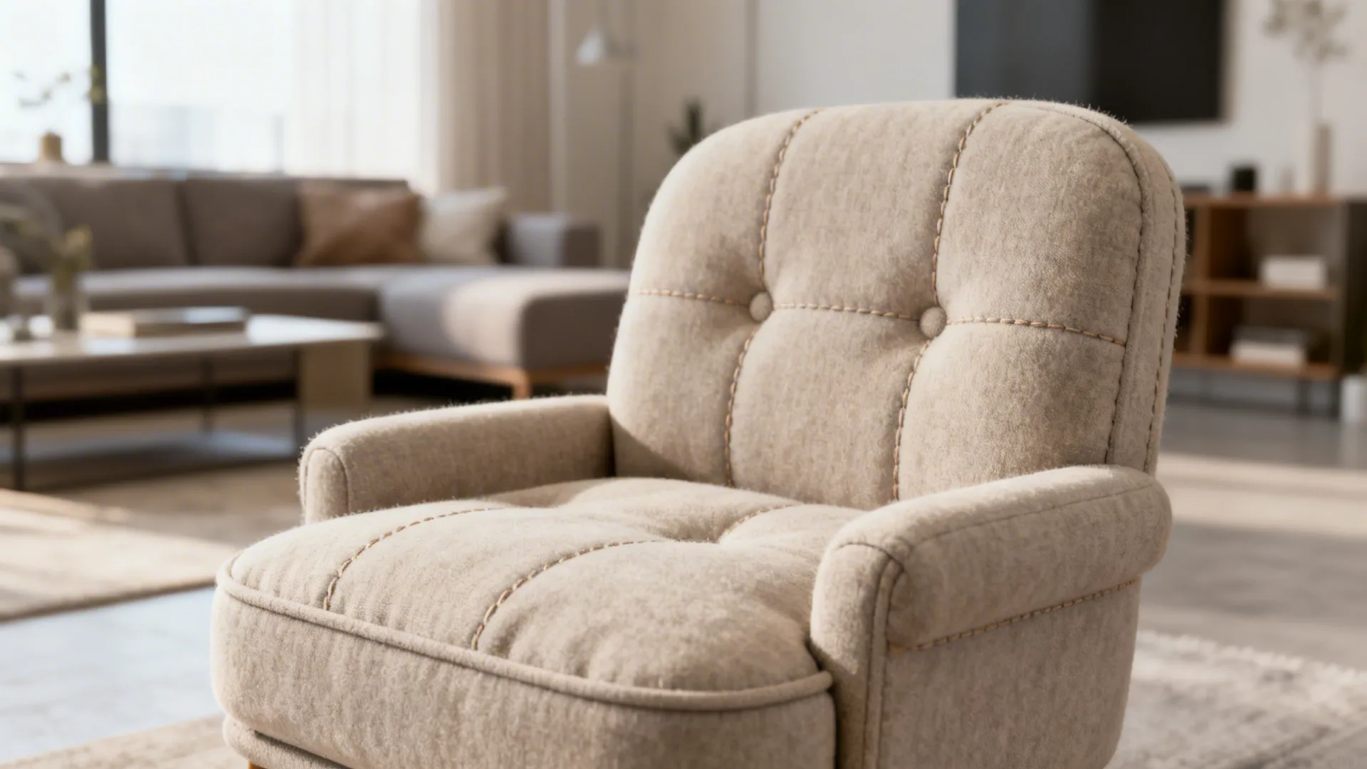 Close-up of a scaled-down accent chair with plush cushions and low arms in a studio.