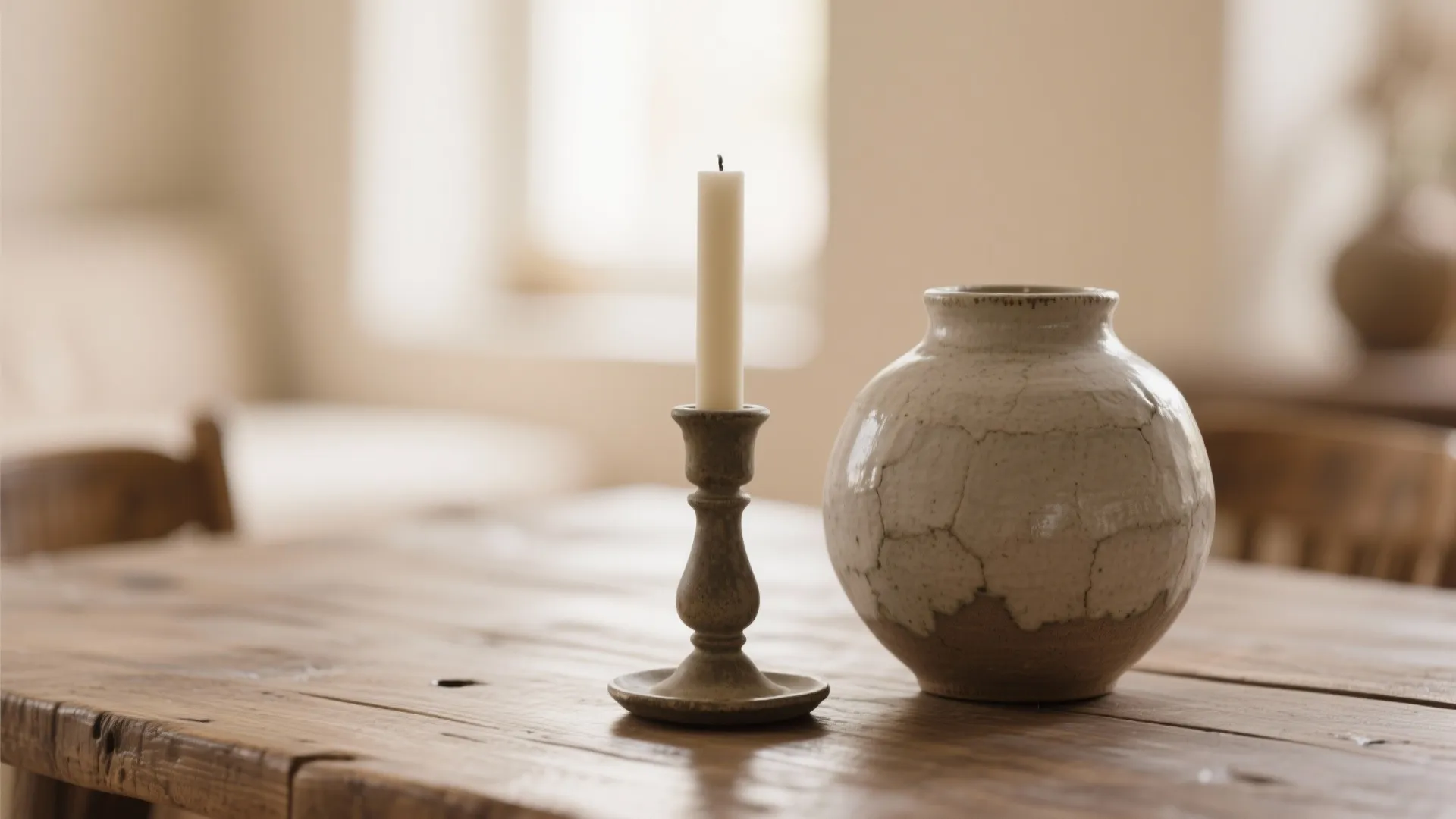 Close-up of oversized vase and tall candlestick on dining table