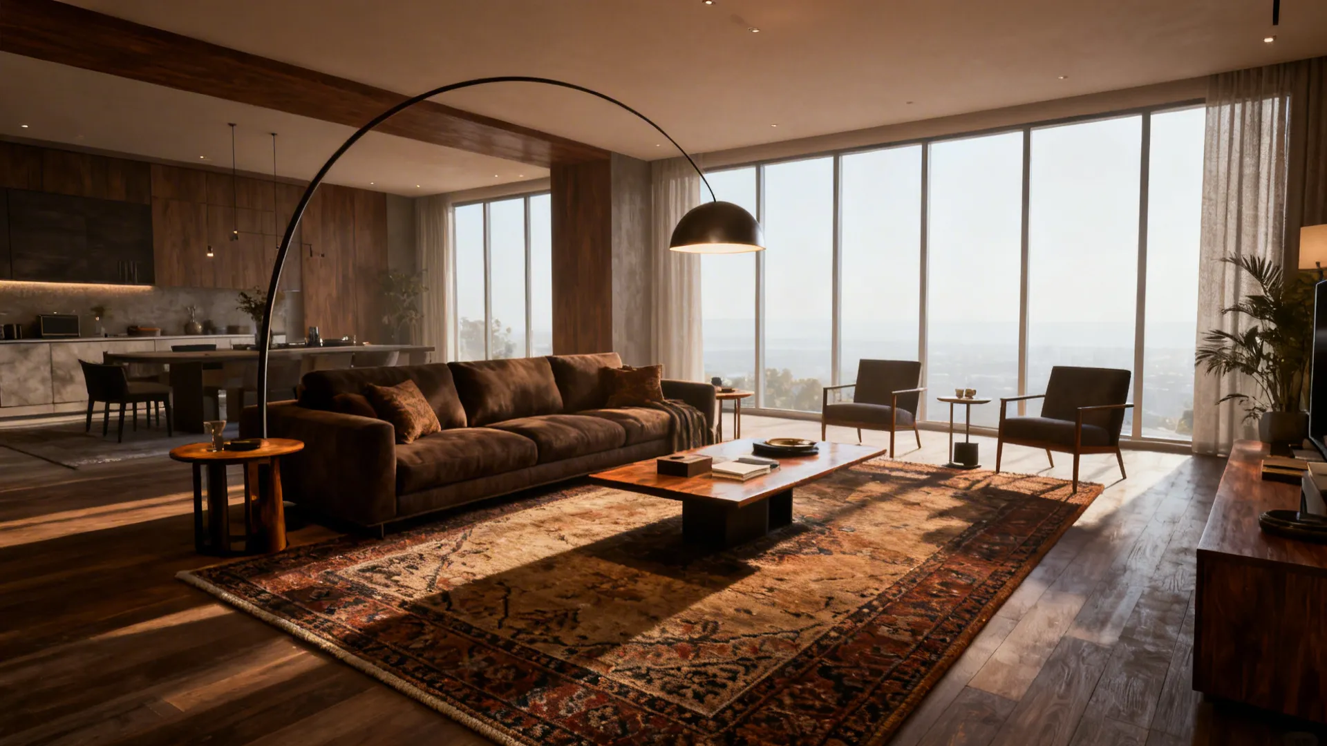Spacious living room featuring brown sofa large patterned rug floor lamp and big glass windows