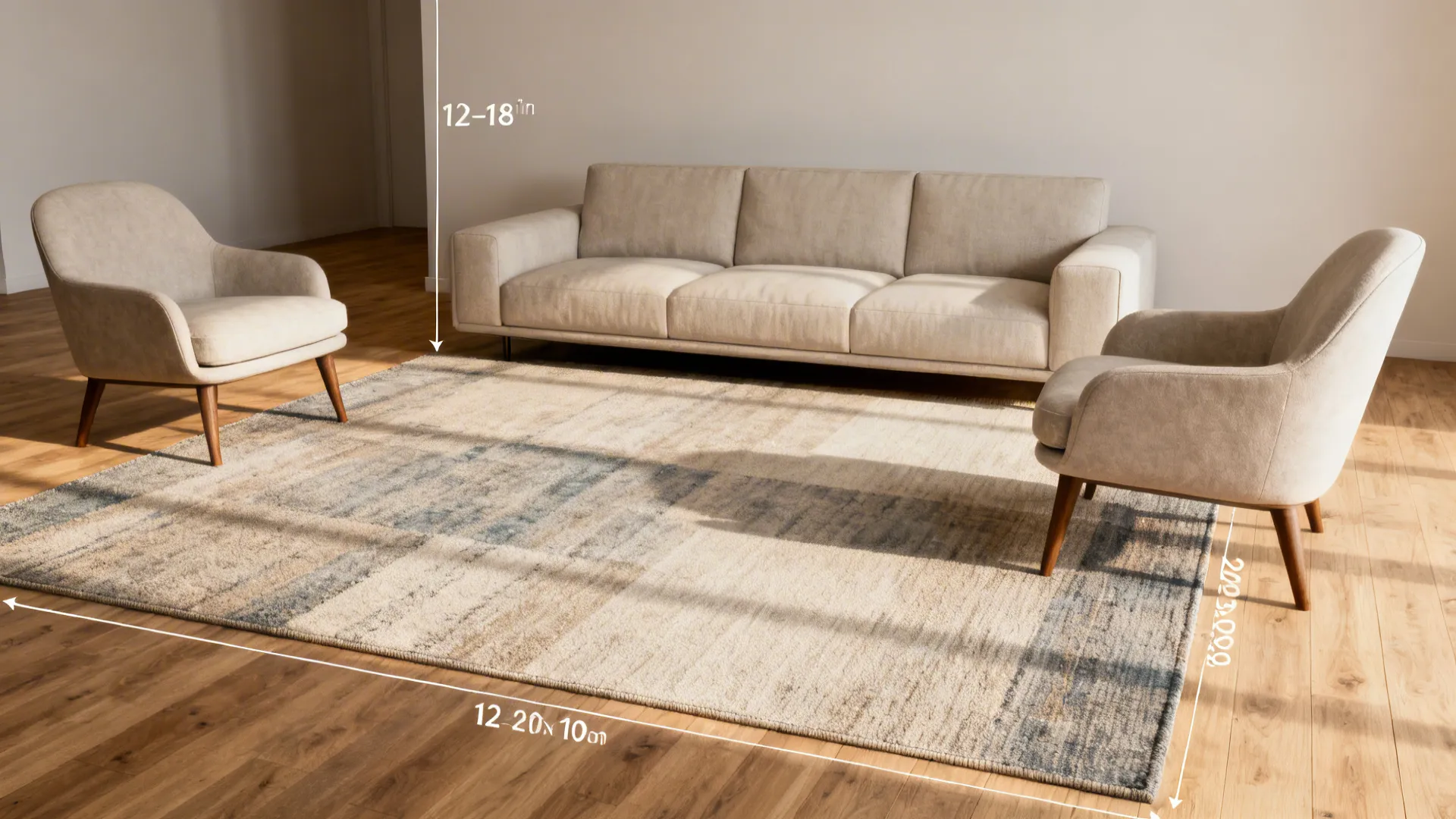 Living room showing a large rug under sofa and chairs with measurement lines for balanced proportion