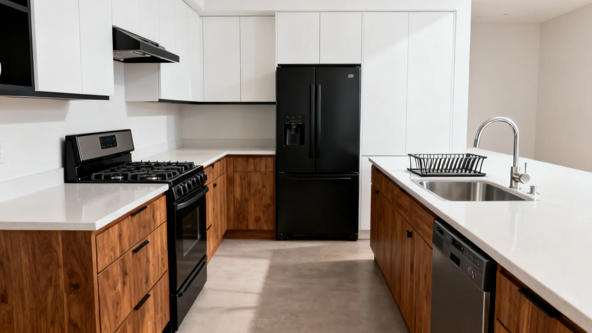 Galley kitchen with compact 30-inch range, counter-depth fridge, and 24-inch dishwasher creating wider aisle