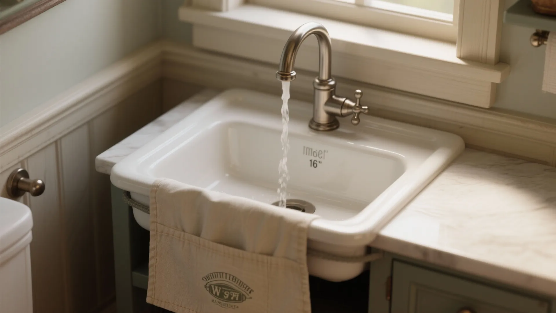 White bathroom sink with water flowing from silver faucet next to marble countertop and window