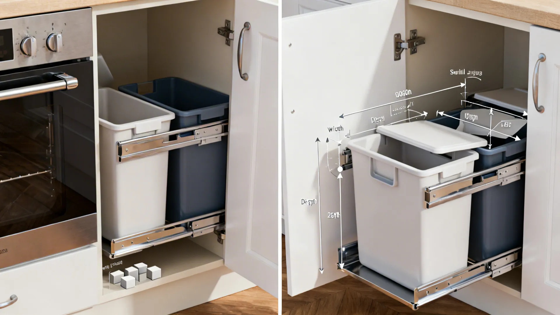 Before-and-after cutaway showing bin clash resolved by correctly scaled waste bins and clearances.