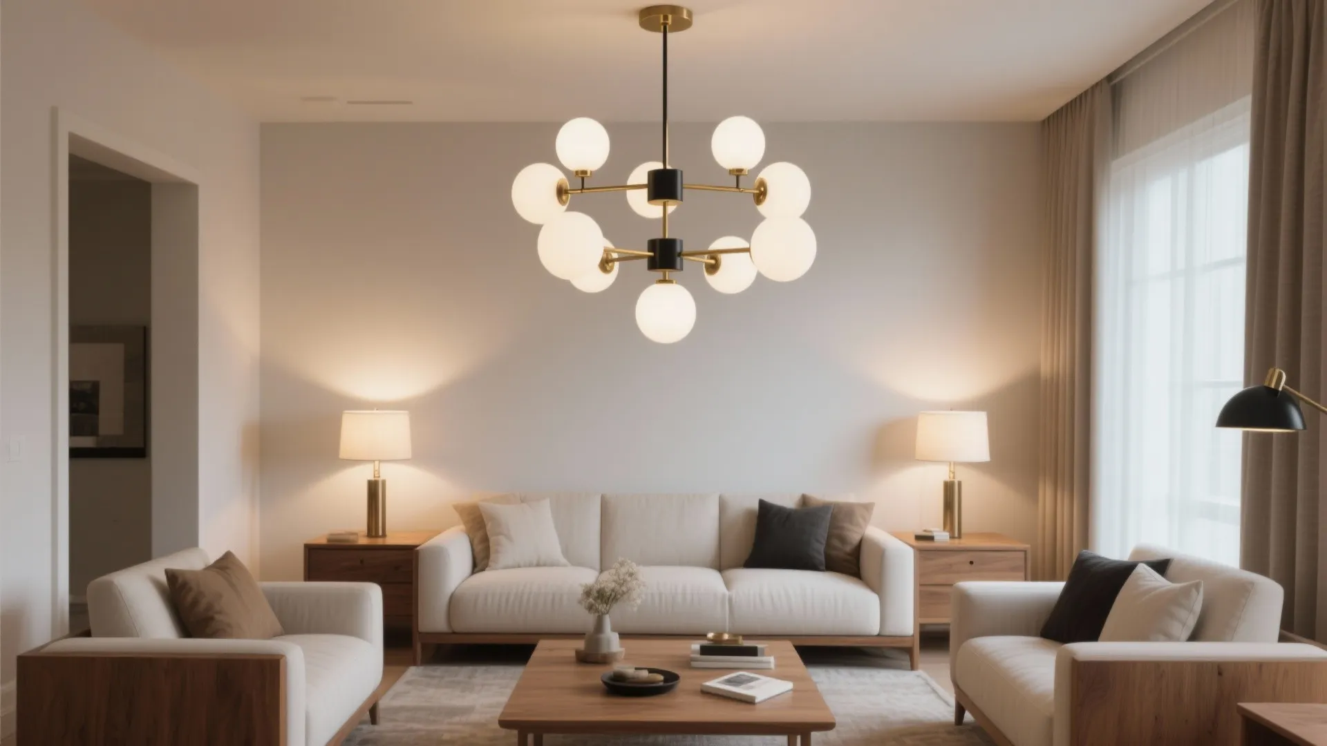Spacious living room with white sofas and a large round ceiling light featuring multiple white bulbs