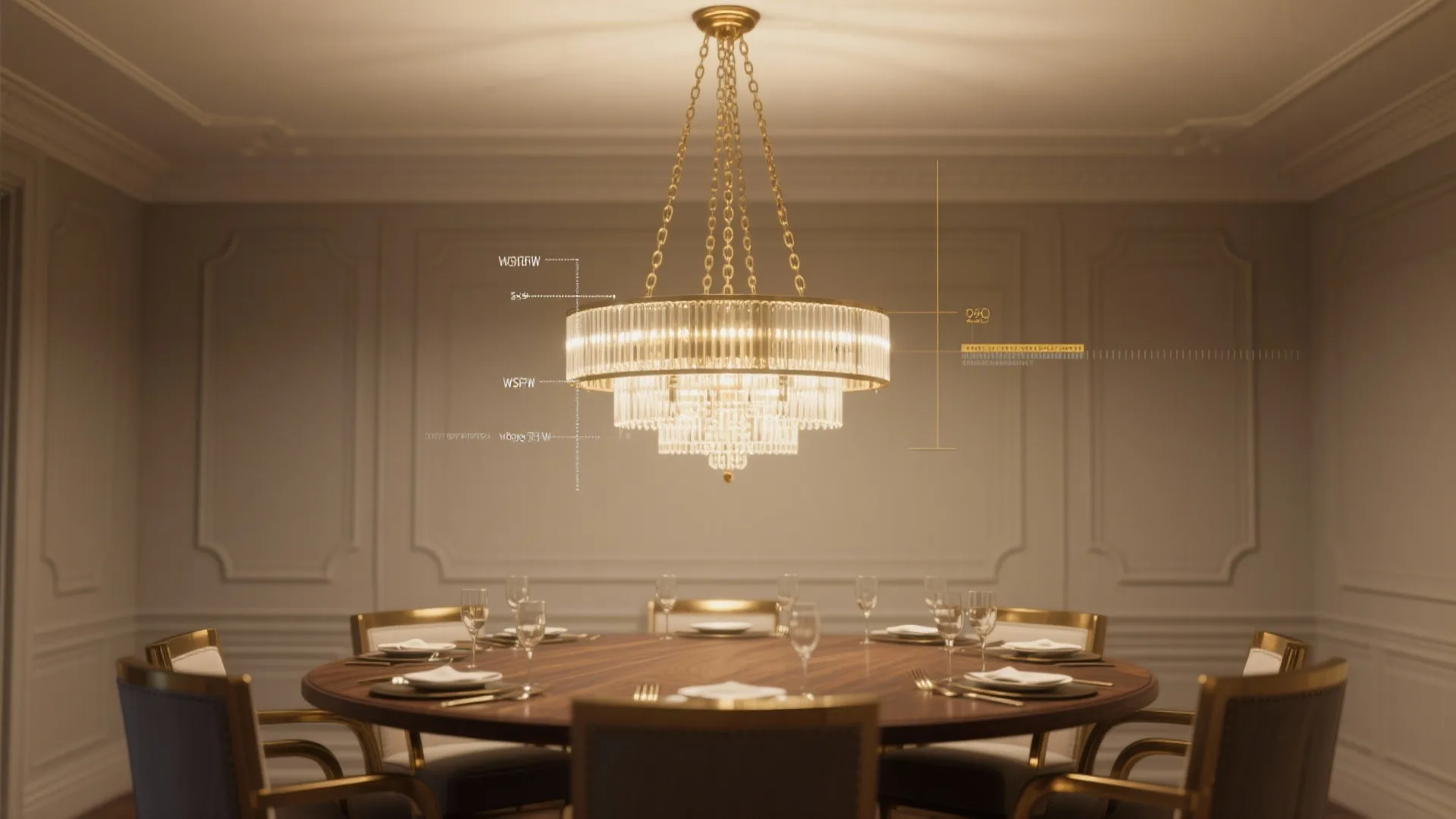 Elegant dining room interior design drawing showing tiered ceiling light over large round wooden table