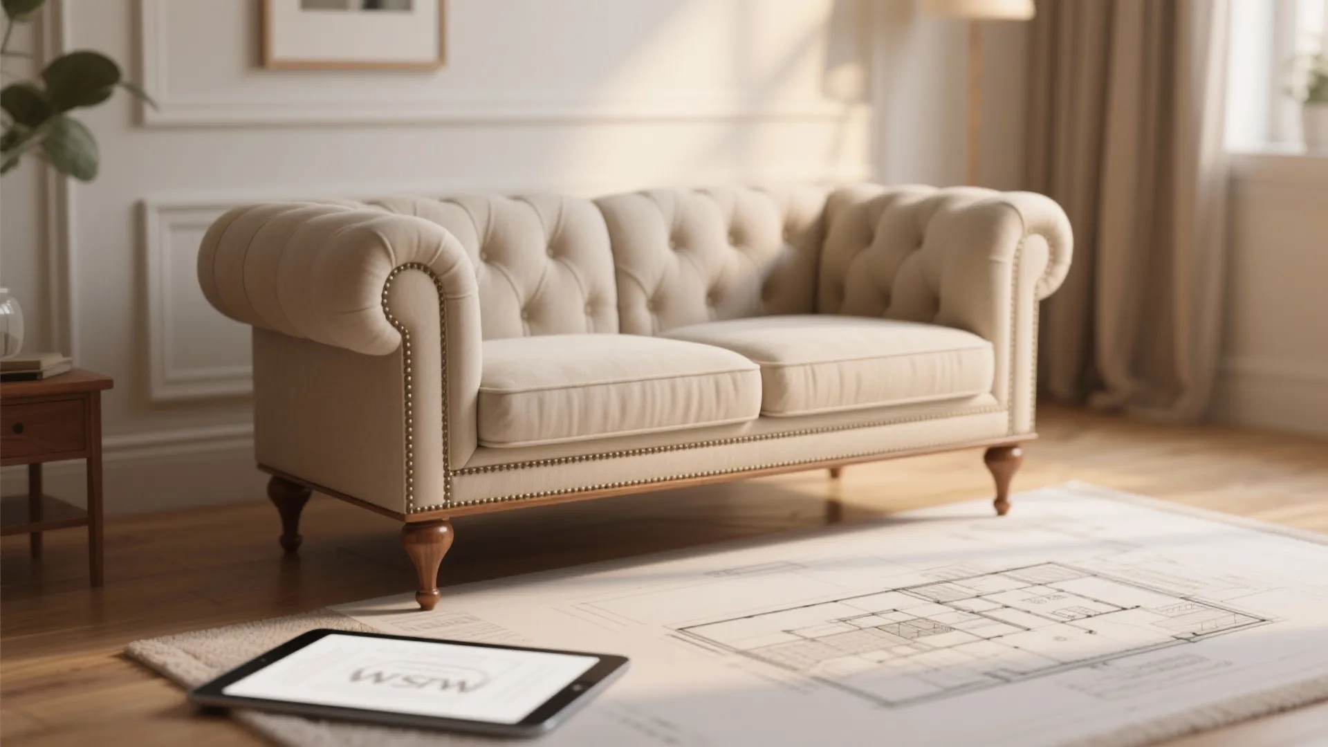 Classic beige sofa on a rug with interior design drawing and tablet in a room