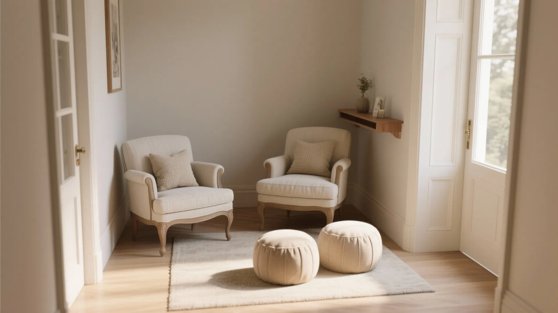 Minimalist sitting area featuring two white armchairs two footrests a rug and bright natural light