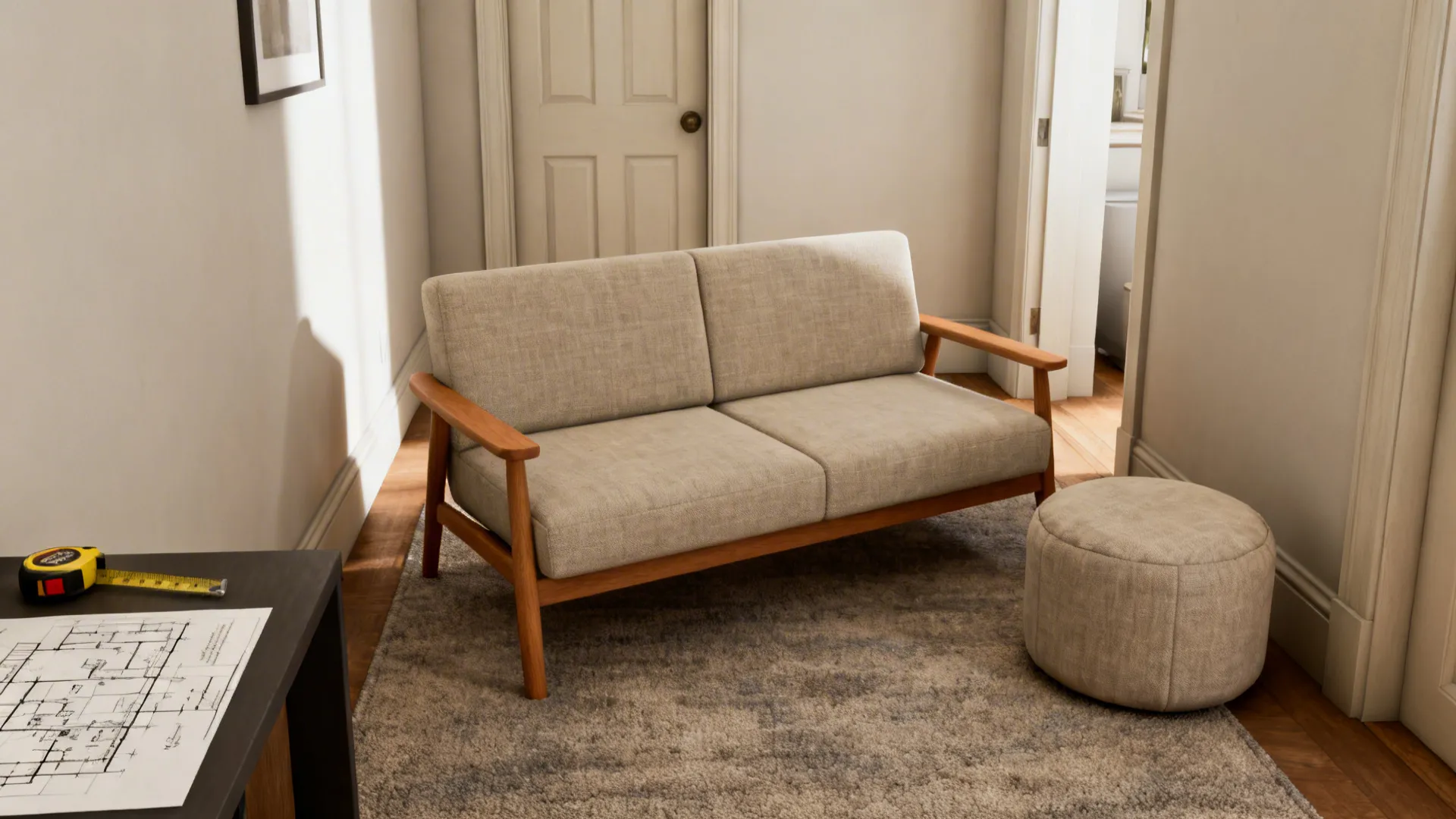 Short-depth loveseat-style sectional in a narrow living room with a pouf and clear walkways.