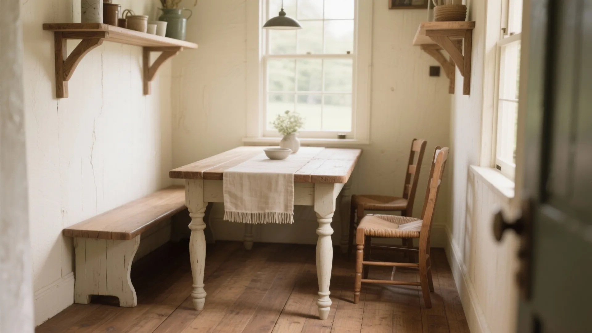 Rustic farmhouse dining room featuring a wooden table with chairs and bench by a bright window