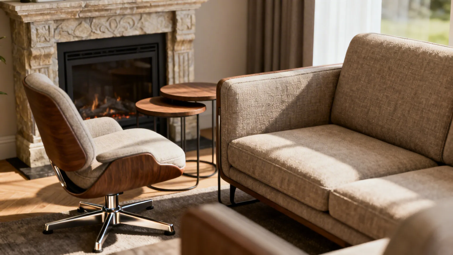 Cozy living room corner featuring a beige sofa wooden side tables and a classic fireplace