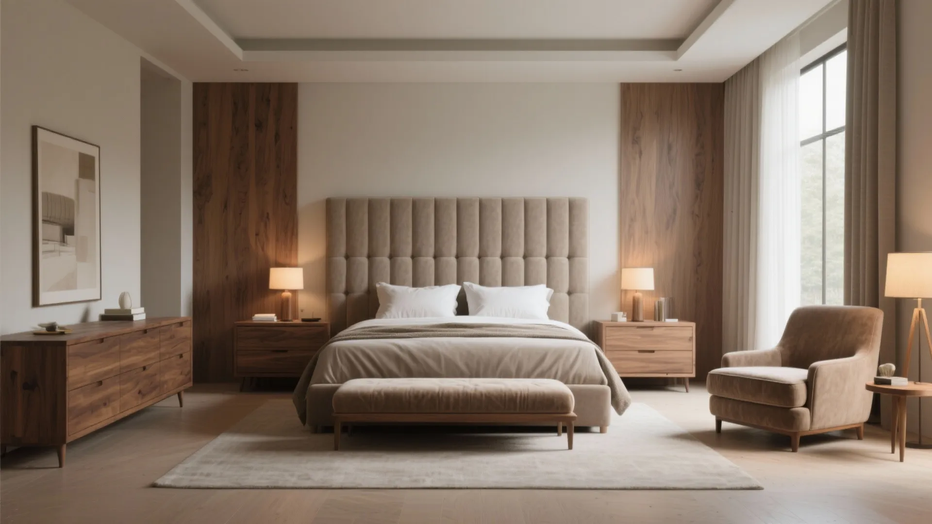 Modern bedroom with a beige upholstered bed wooden cabinets a comfortable armchair and soft natural light