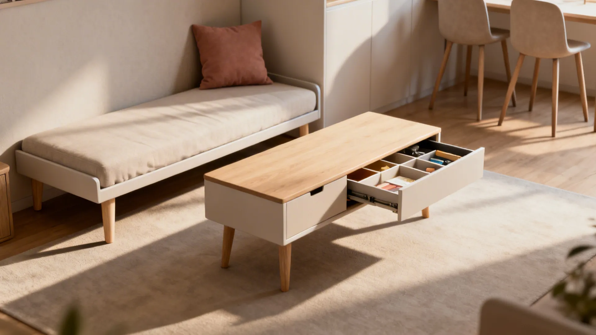 Compact living area with slim sofa bed and a storage coffee table preserving sightlines