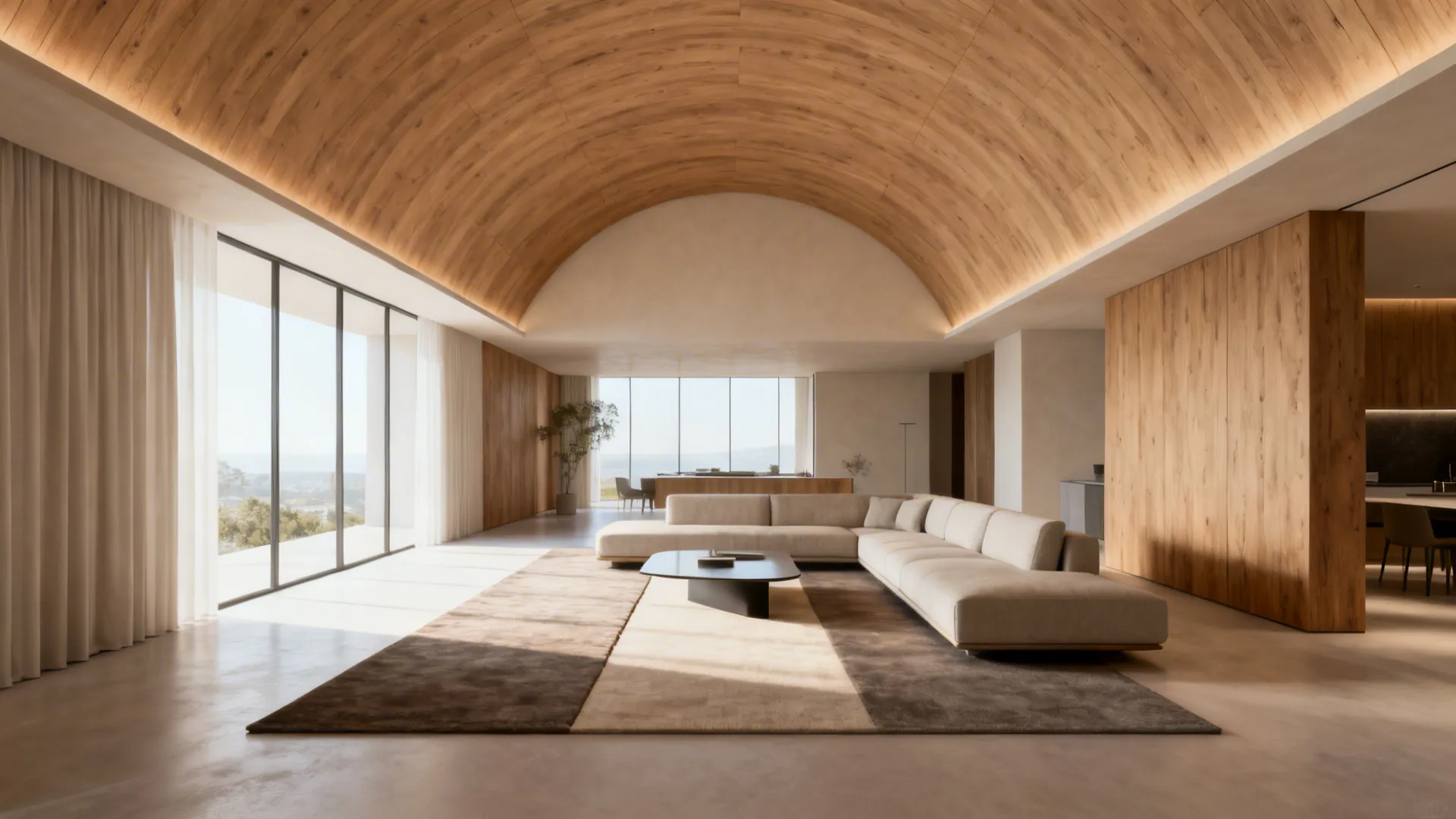Low-profile sofa and a long narrow rug aligned with a half-vaulted ceiling to maintain proportion