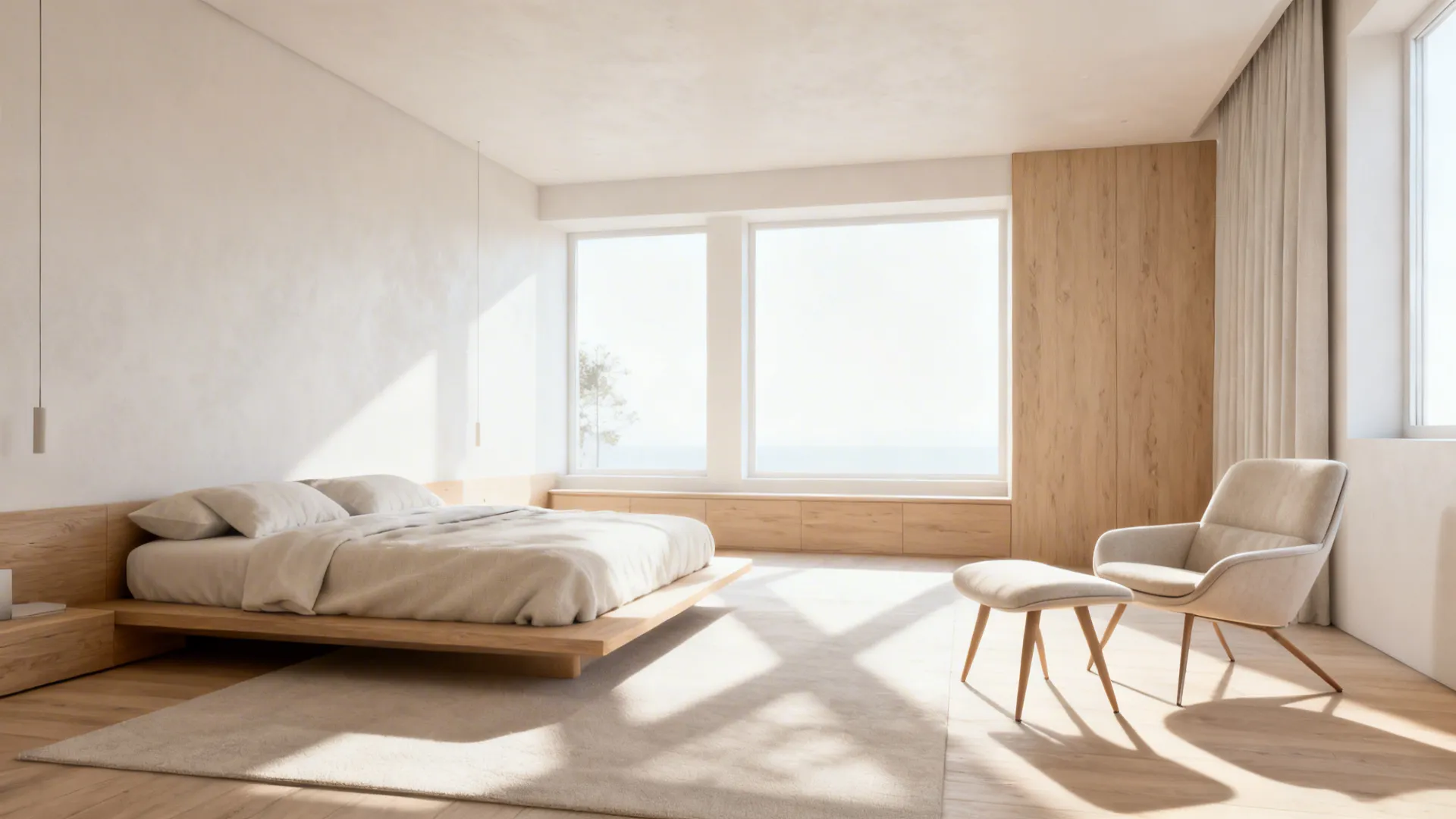 Small studio with low-profile lounge chair and bed showing improved space flow