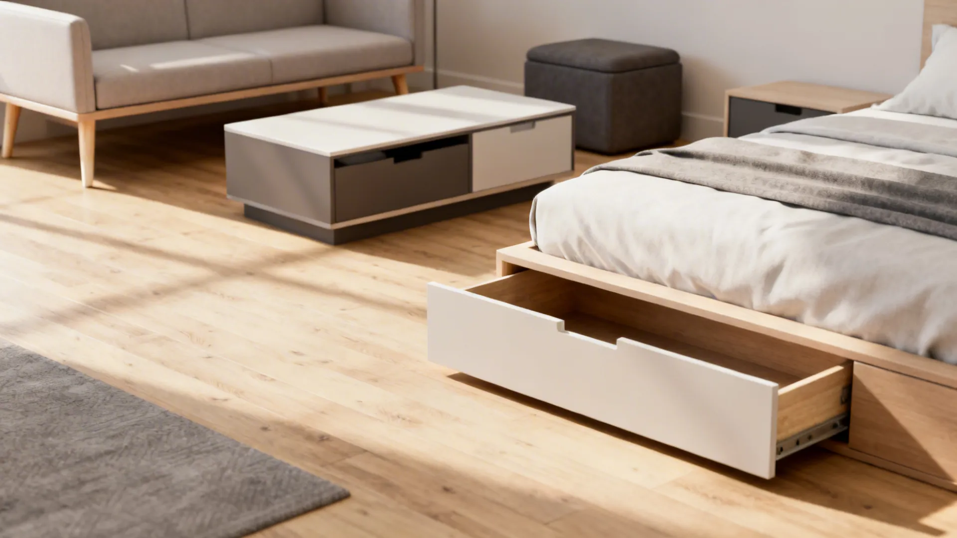 Small sitting area with slim sofa, storage ottoman, and visible floor space to emphasize scale