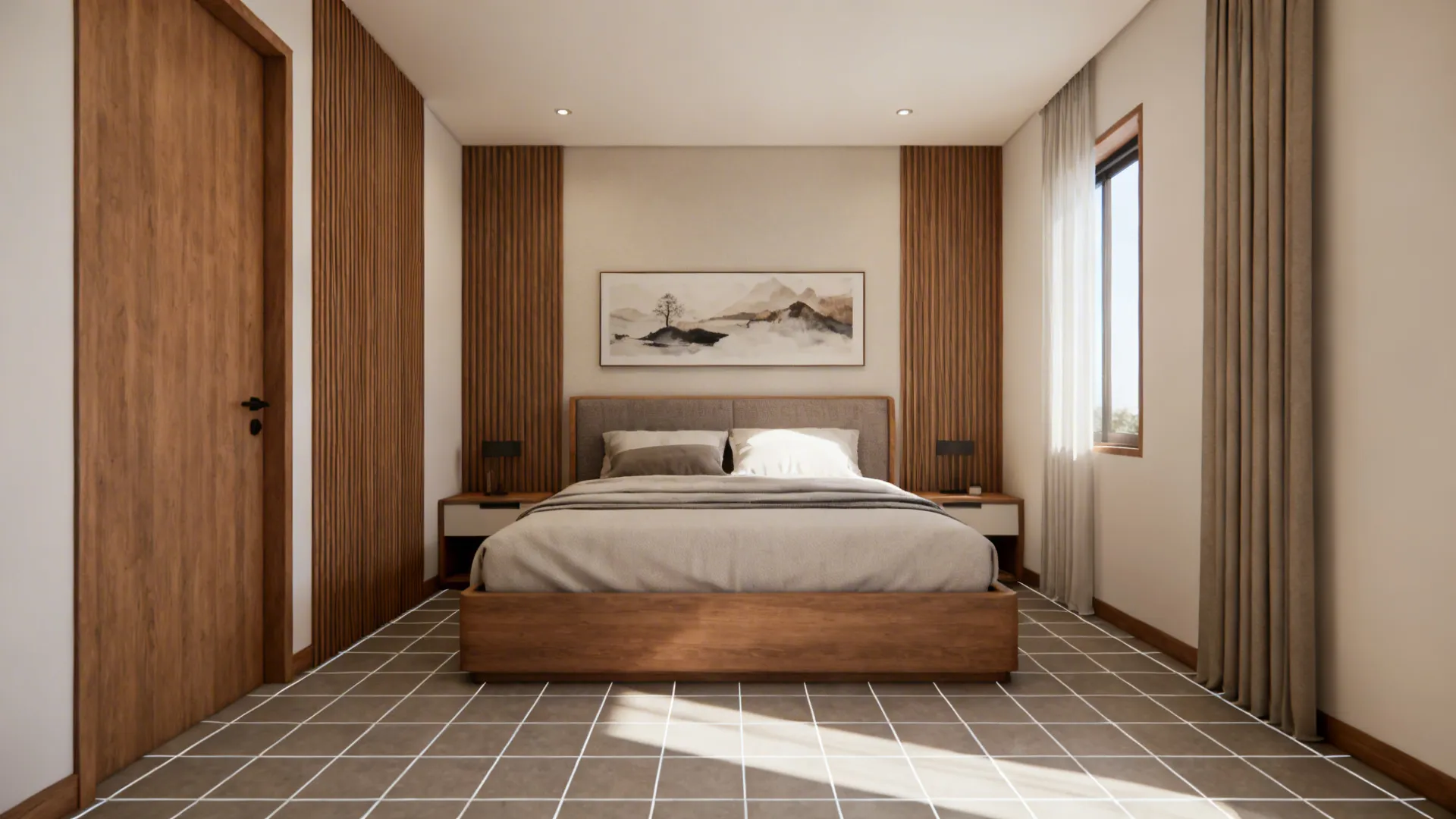 One-point room with floor grid and furniture scaled from back-wall widths converging to the vanishing point.