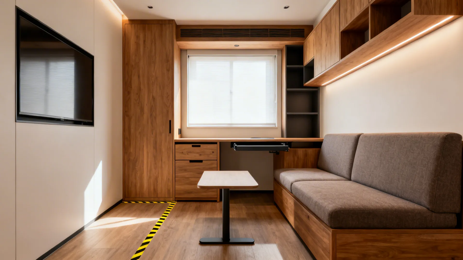 Compact living area with right-sized sofa, wall storage, and clear circulation space.