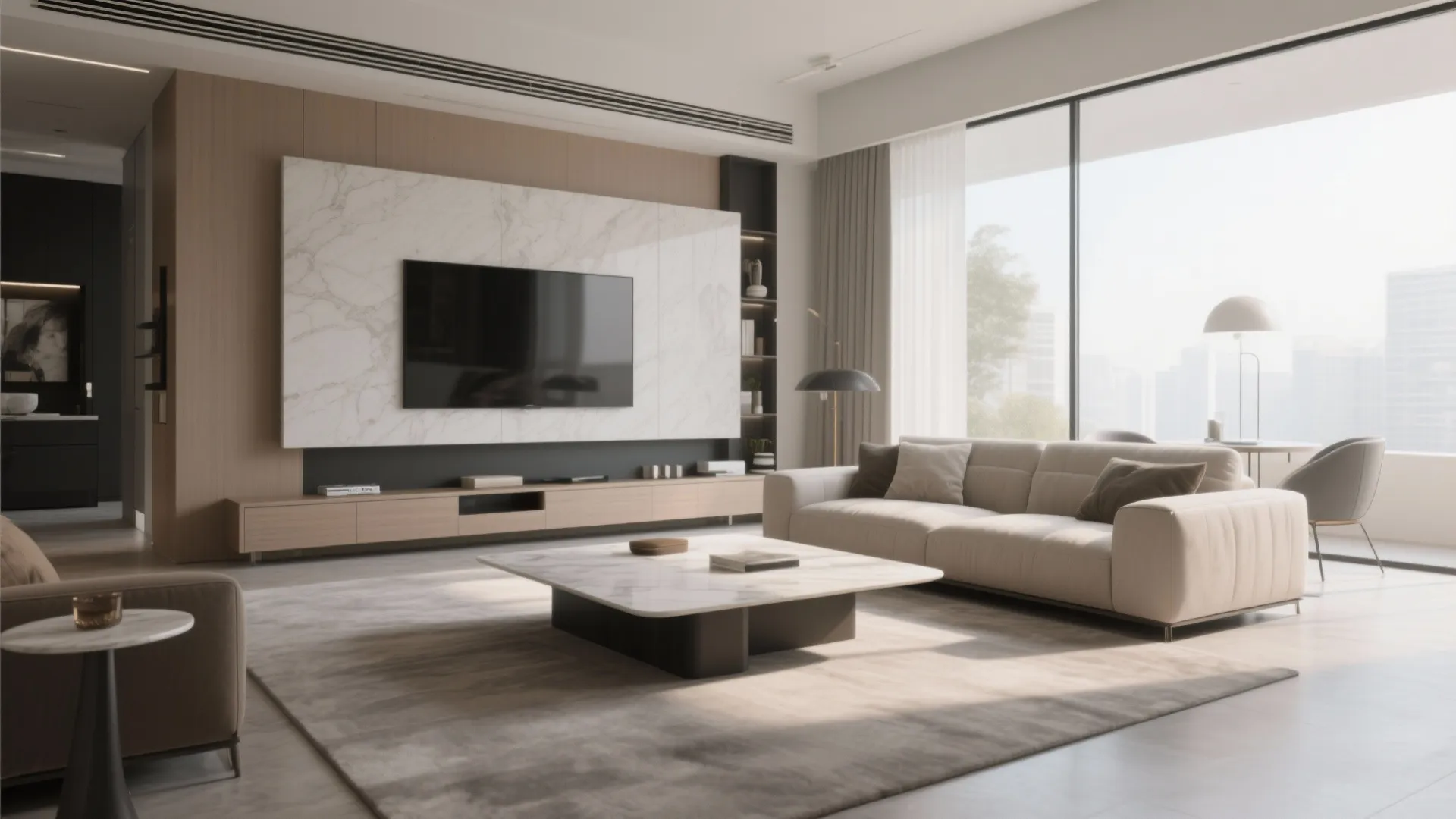 Luxury living room with marble wall panel large television beige sofa and marble coffee table