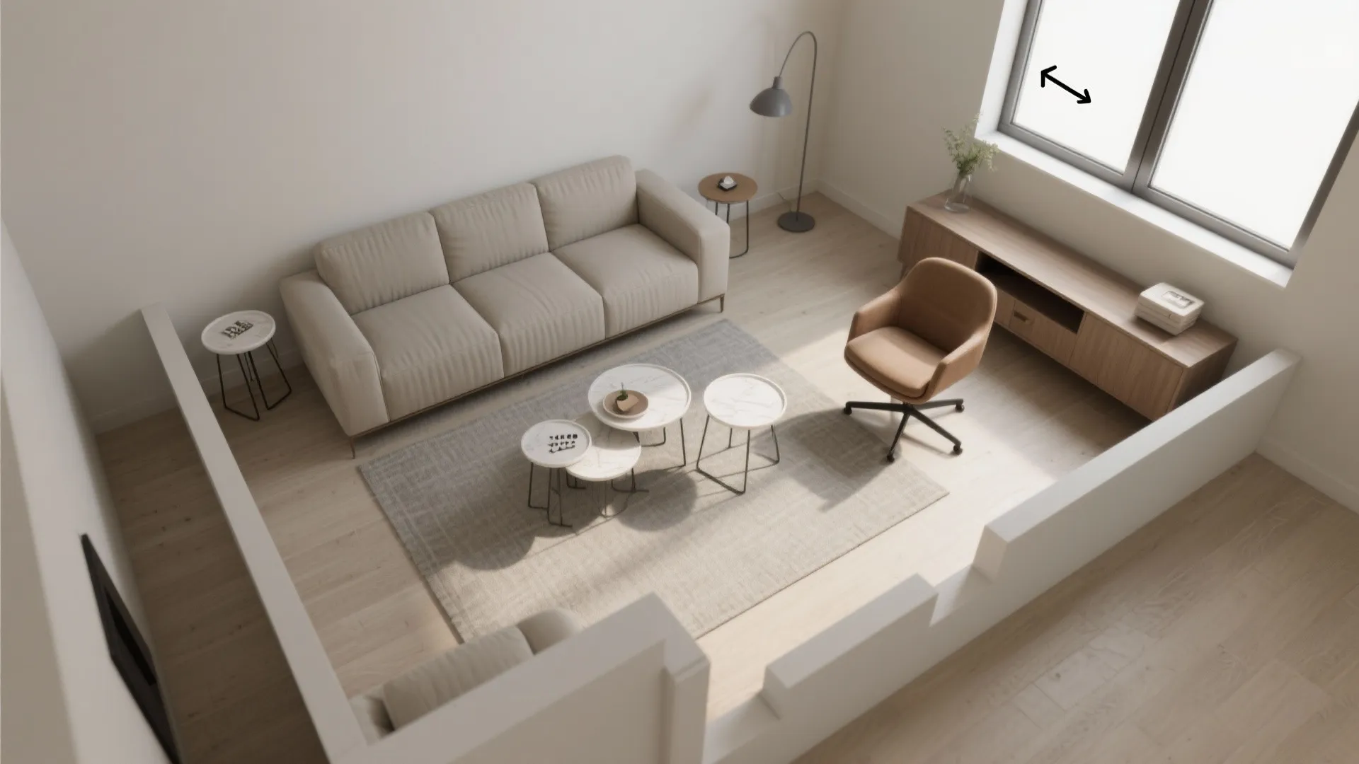 High angle interior design drawing of a modern living room with sofa and wooden cabinet