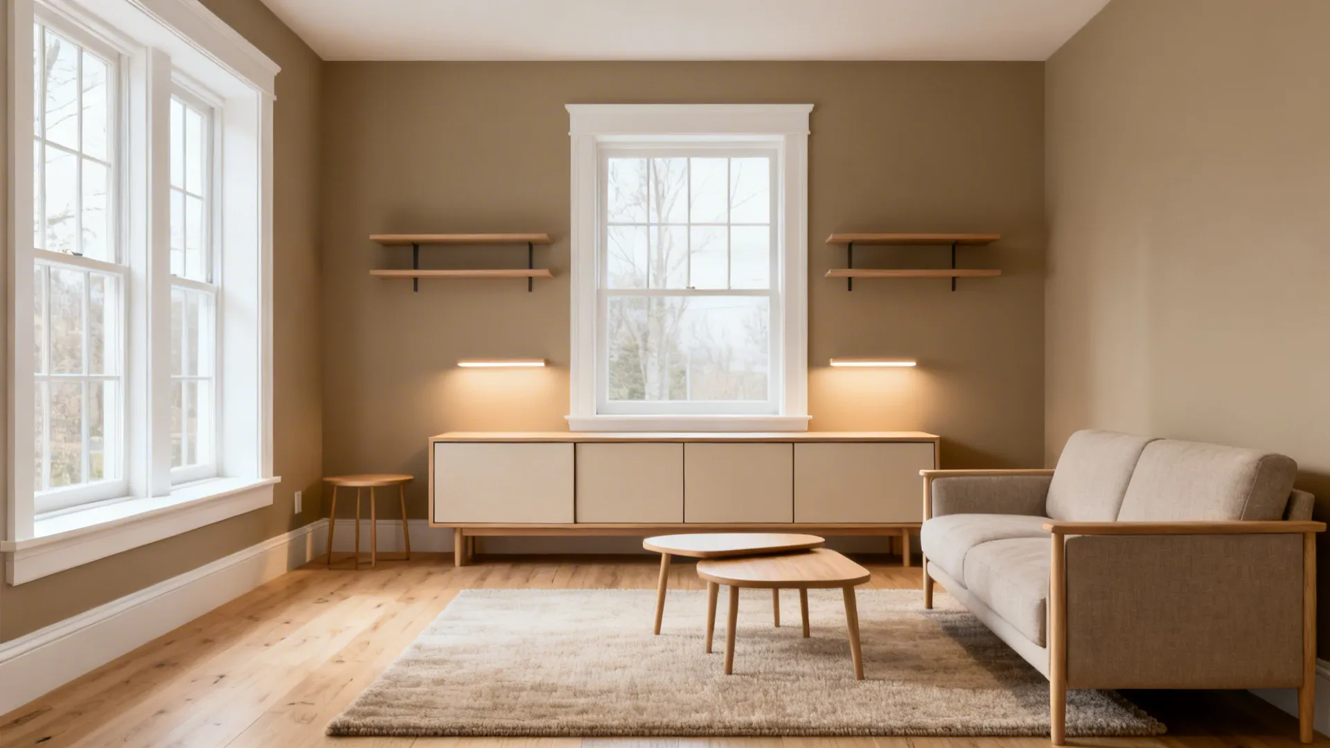 Minimalist living room with beige sofa coffee table wooden cabinet wall shelves and large windows