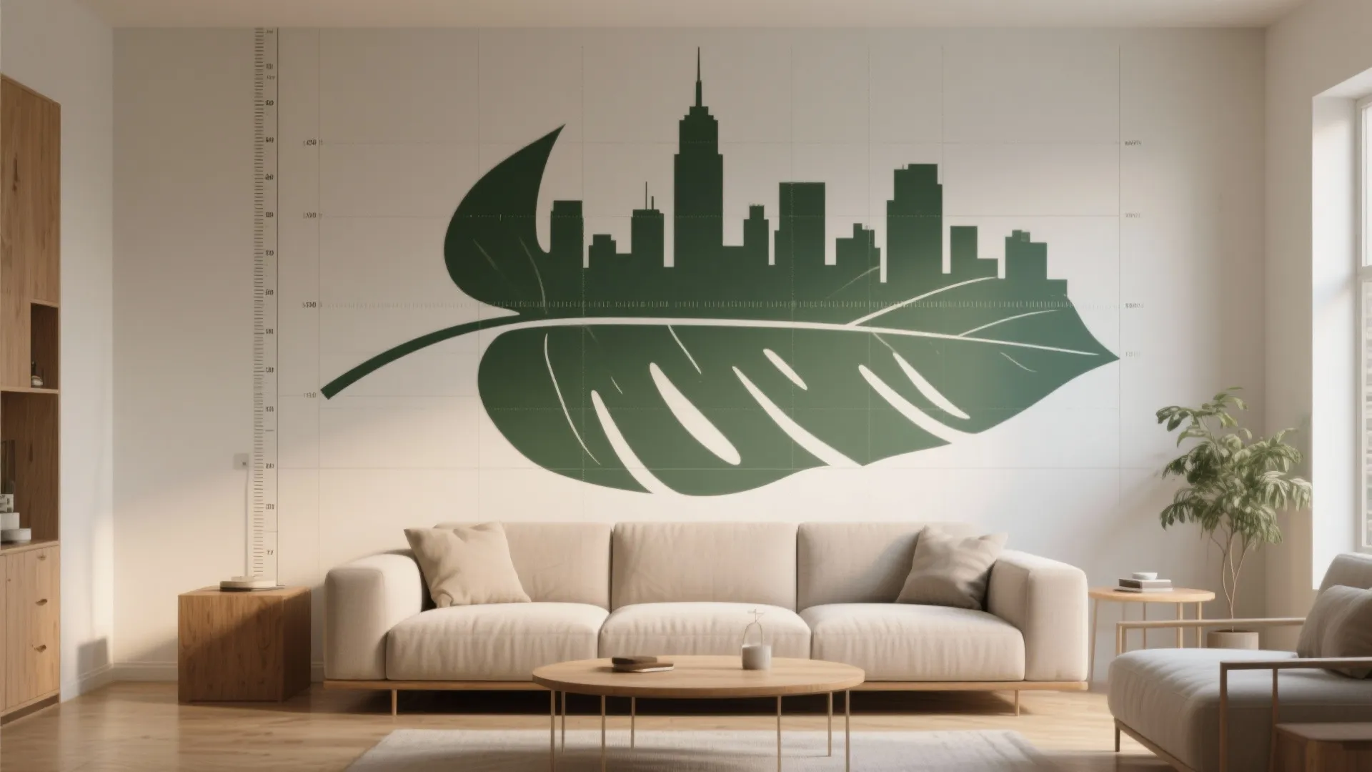 Living room with green leaf city wall art behind white sofa and round wooden table