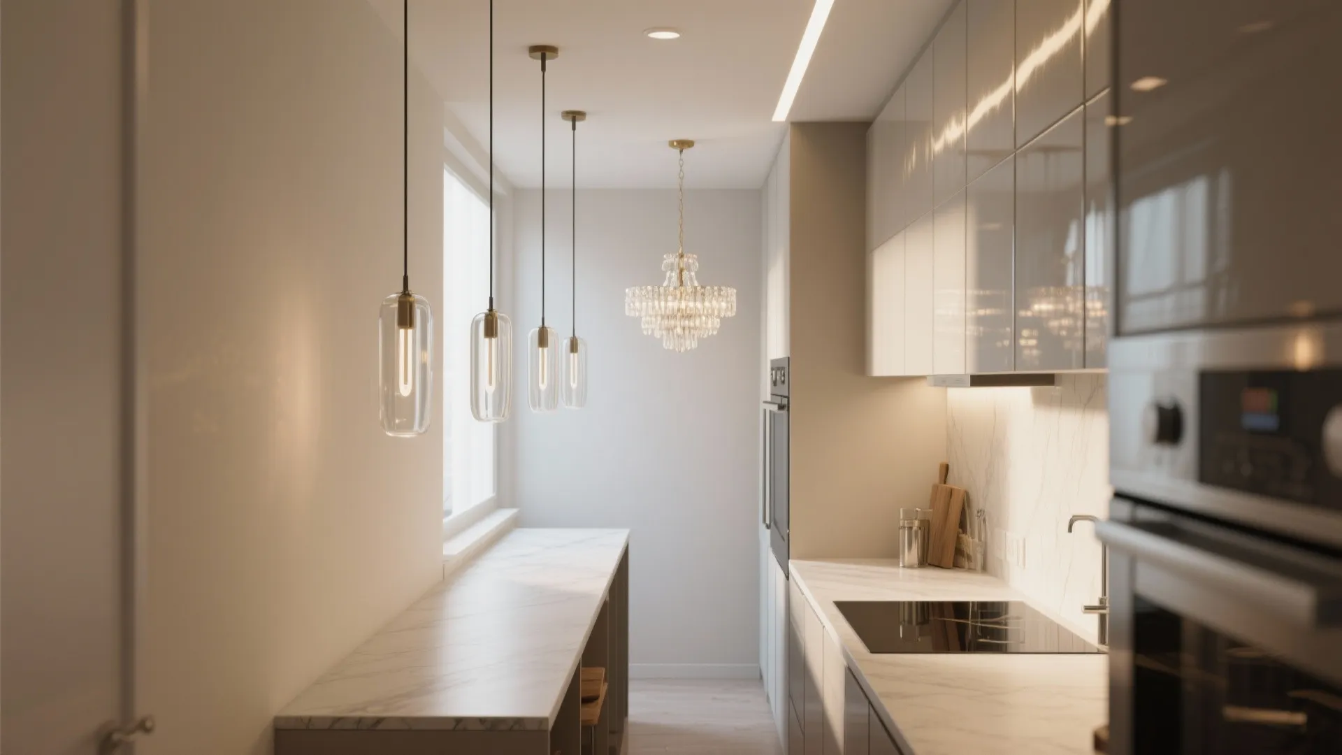 Narrow kitchen with marble countertops, beige cabinets, glass pendant lights, and a crystal ceiling light